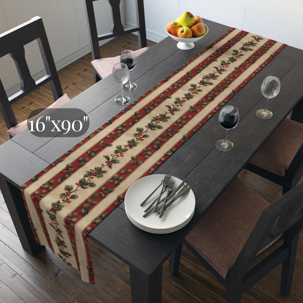Striped Holly Christmas Table Runner: Red, Green, Cream Holiday Botanical Winter Decor