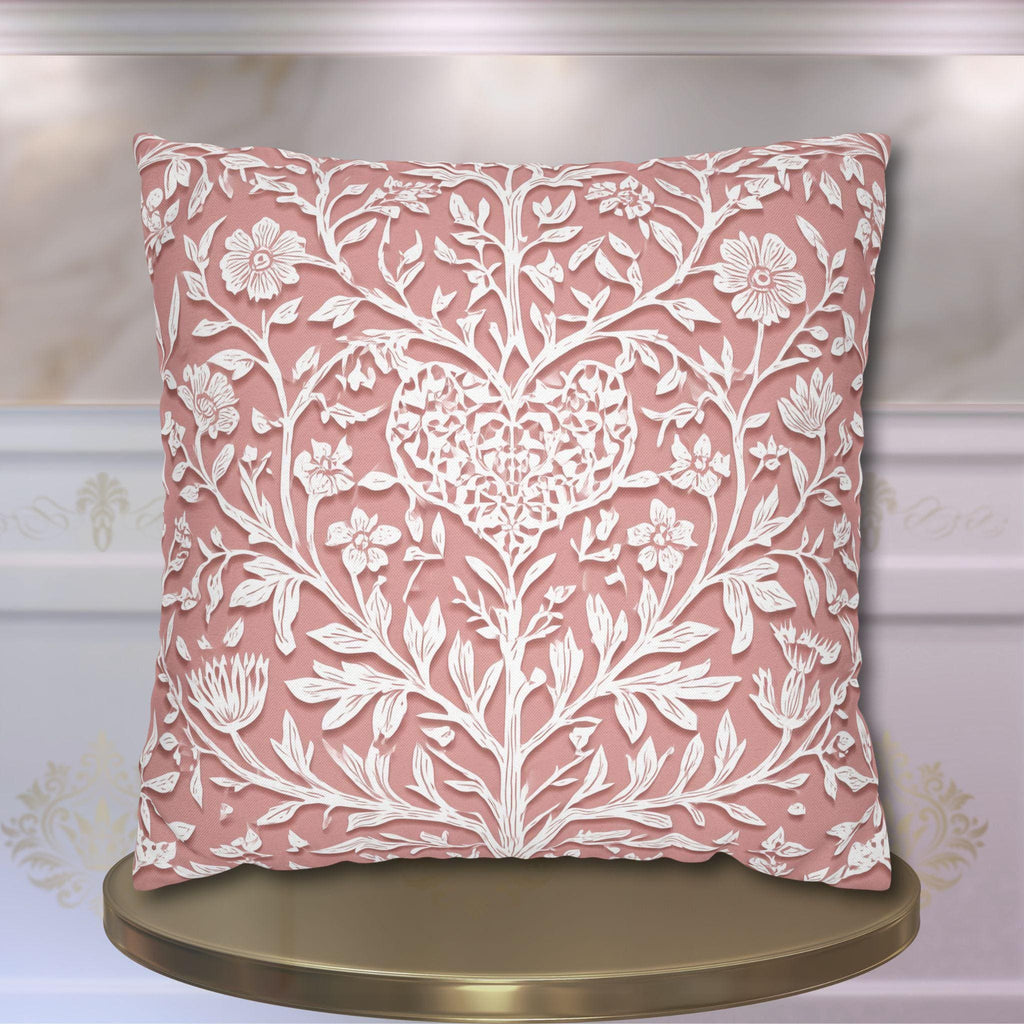 William Morris Inspired Heart & Blooms Pillow Cover: Faux Lace Botanical Design