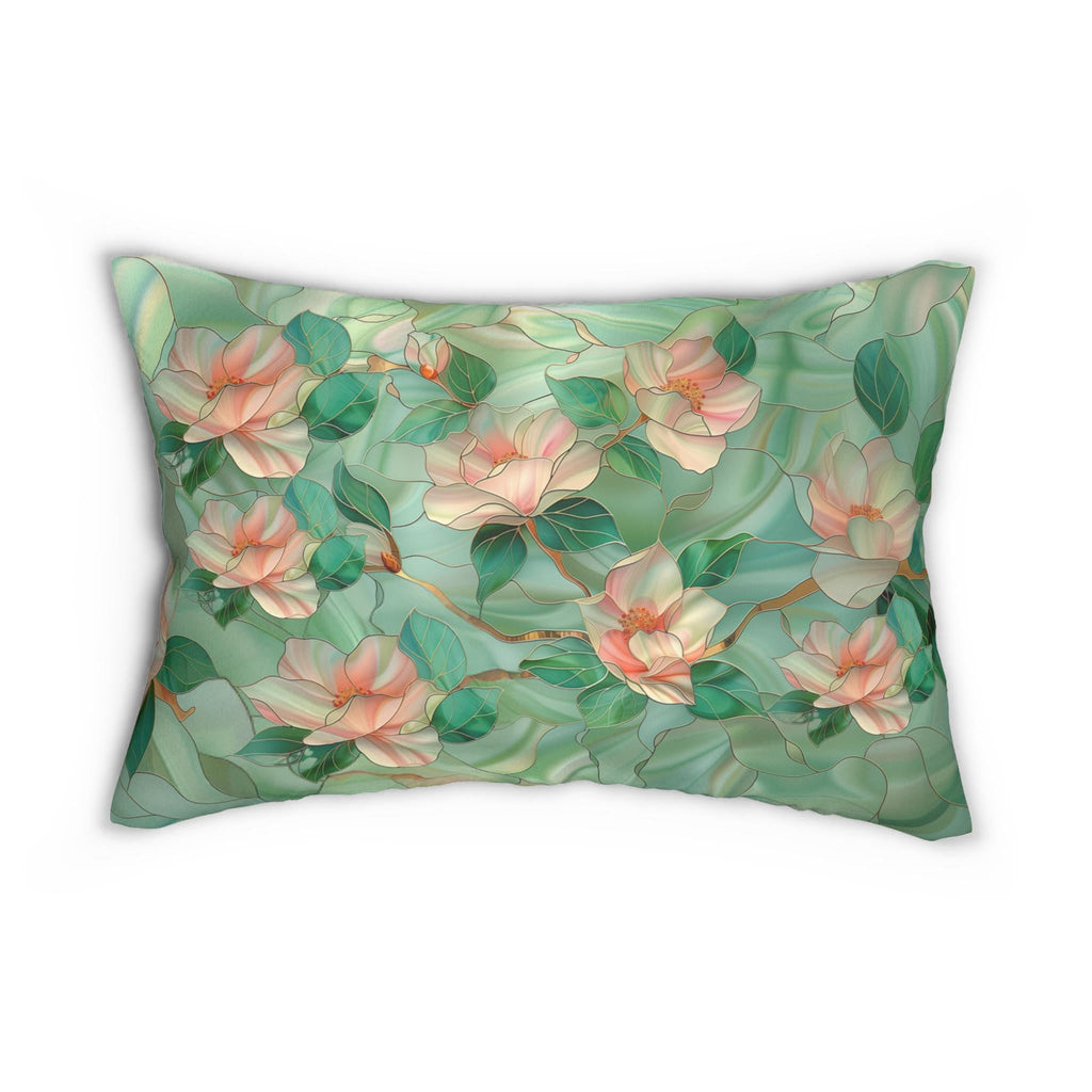 Chinoiserie Lumbar Pillow Stained Glass Style Pink Magnolia Flowers Luminous Green Background