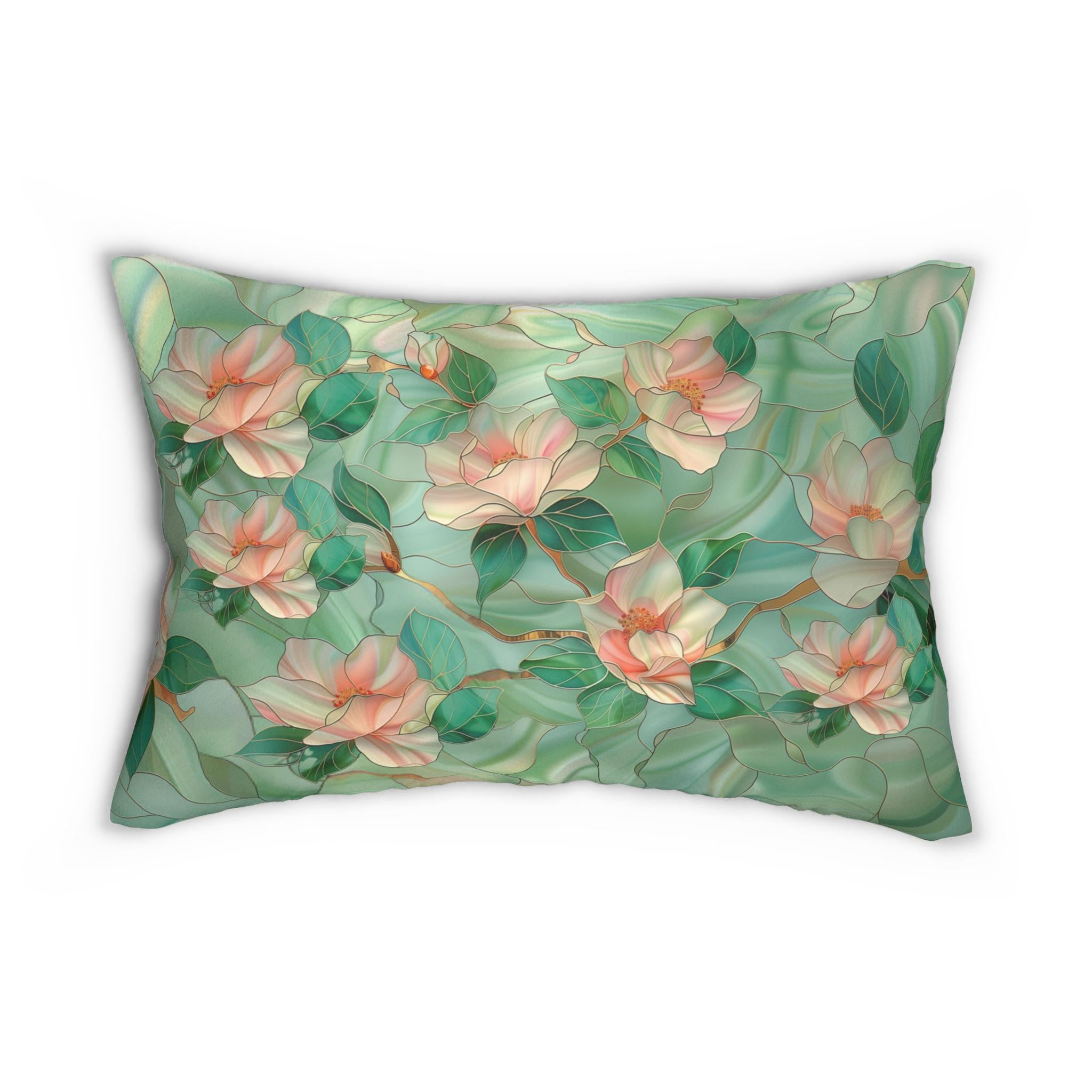 Chinoiserie Lumbar Pillow Stained Glass Style Pink Magnolia Flowers Luminous Green Background