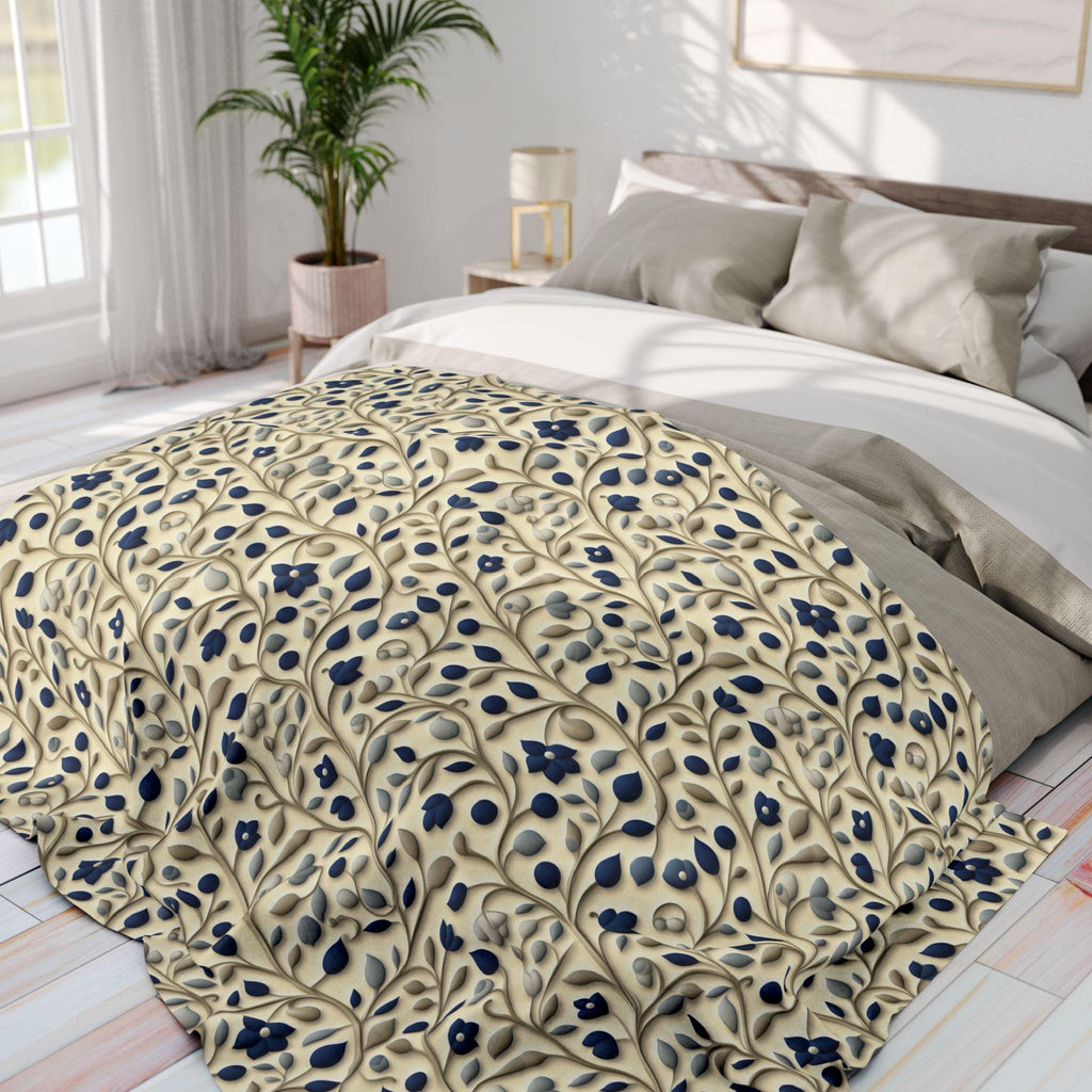 William Morris Fleece Throw: Navy Botanical Arts and Crafts Blanket