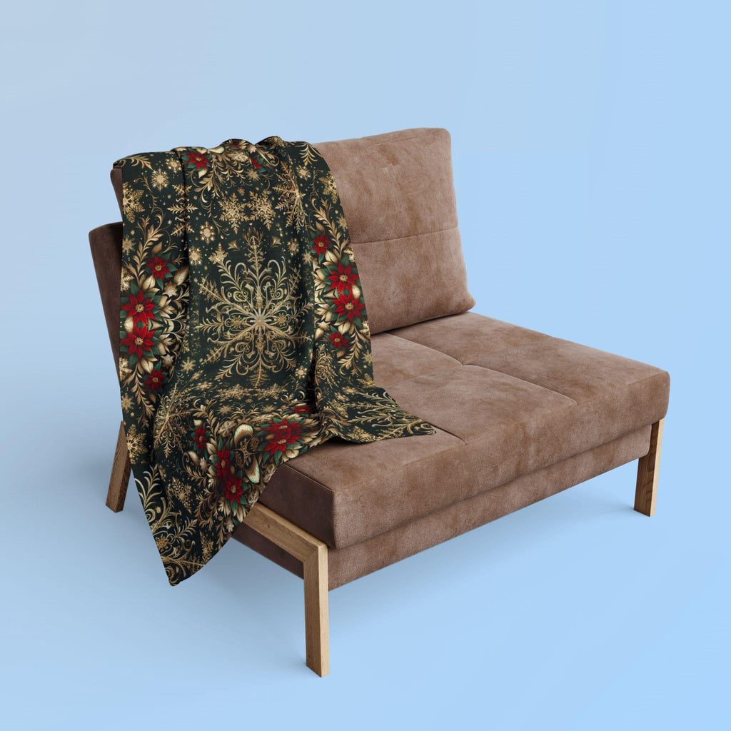 Elegant Golden Snowflake Poinsettia Fleece Blanket: Christmas Decor & Cozy Winter Gift