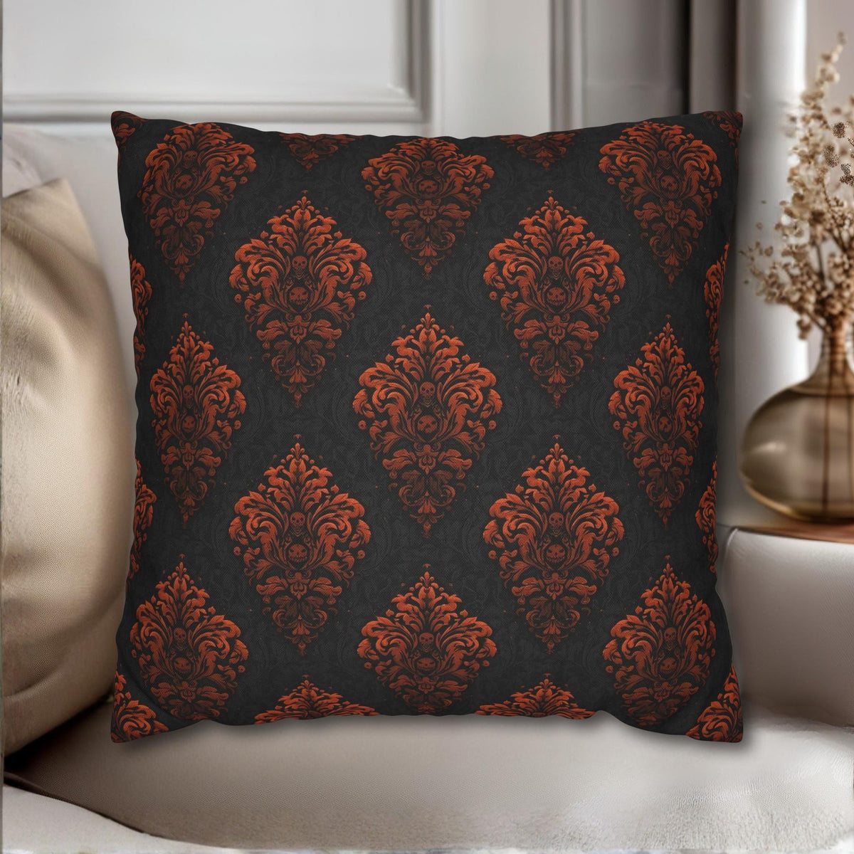 Halloween Damask Pillow Cover: Hidden Skulls in Black and Burnt Orange