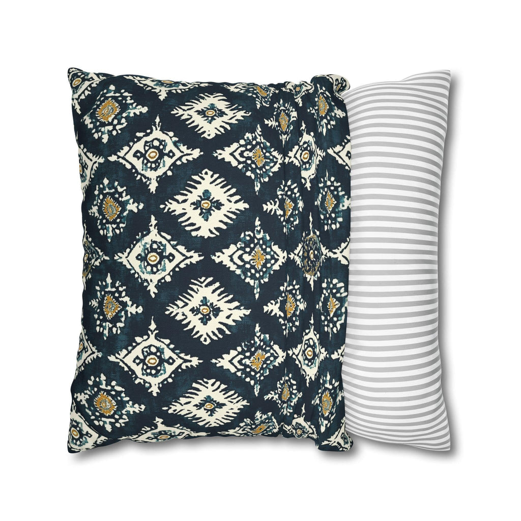 Traditional Ikat Style Pillow Cover | Dark Blue, White, Mustard Yellow | Geometric Design