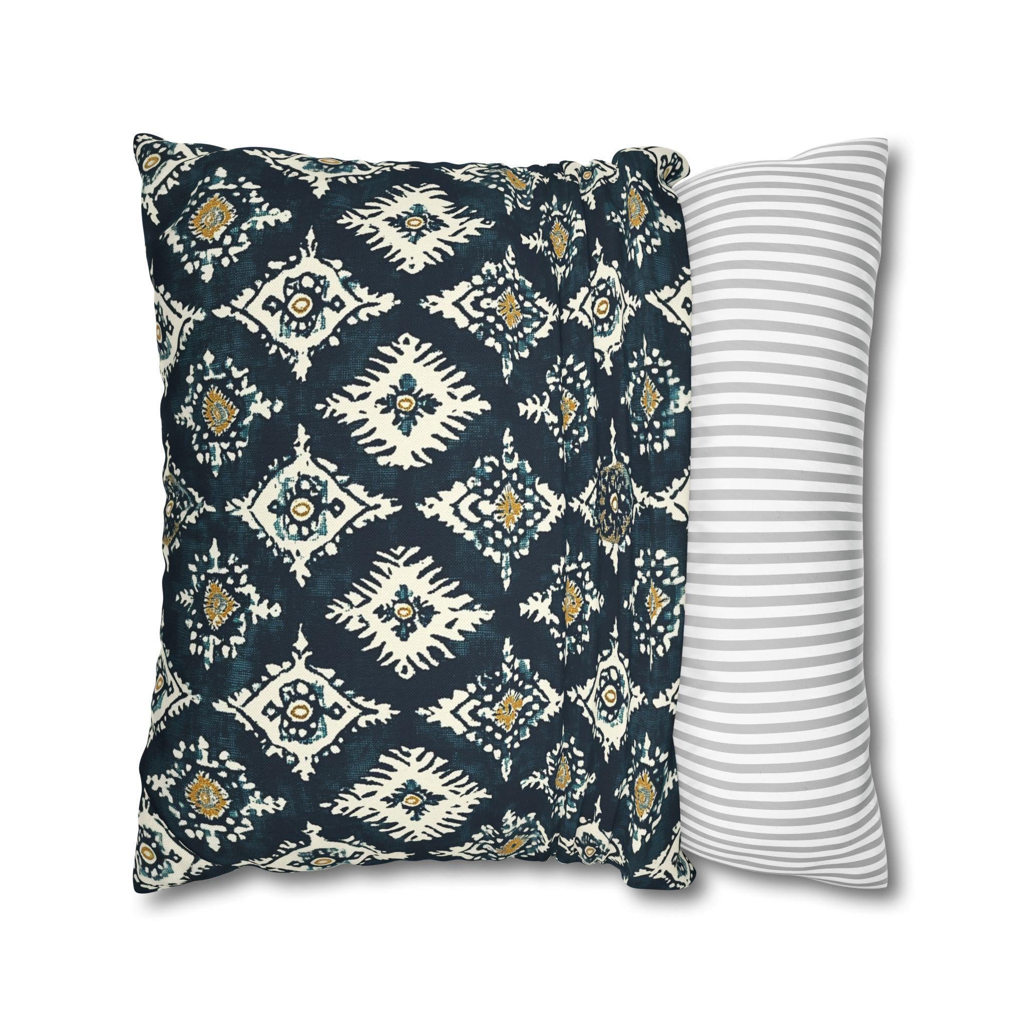 Traditional Ikat Style Pillow Cover | Dark Blue, White, Mustard Yellow | Geometric Design