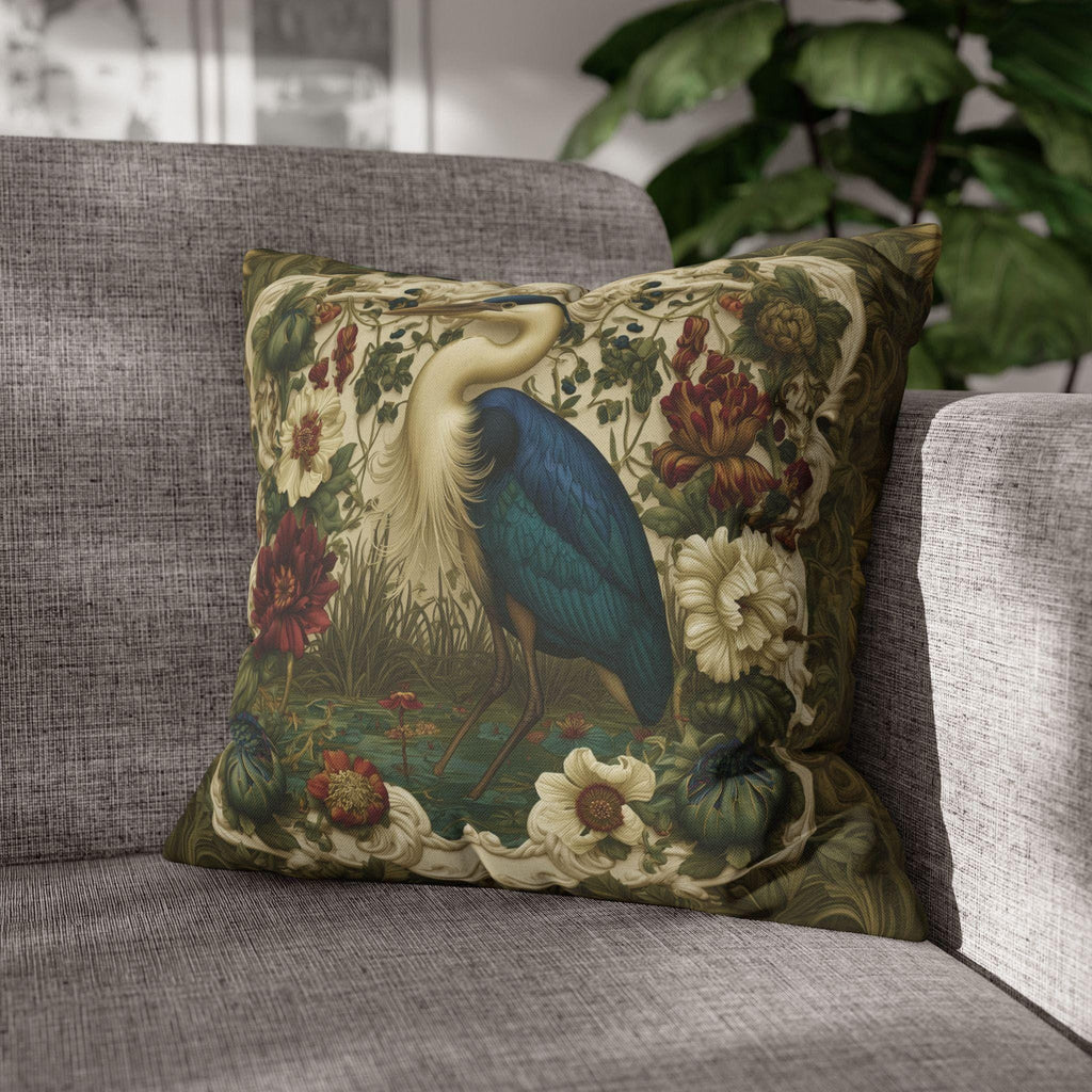 William Morris Style Heron Pillow Cover: Botanical Marsh Floral Art