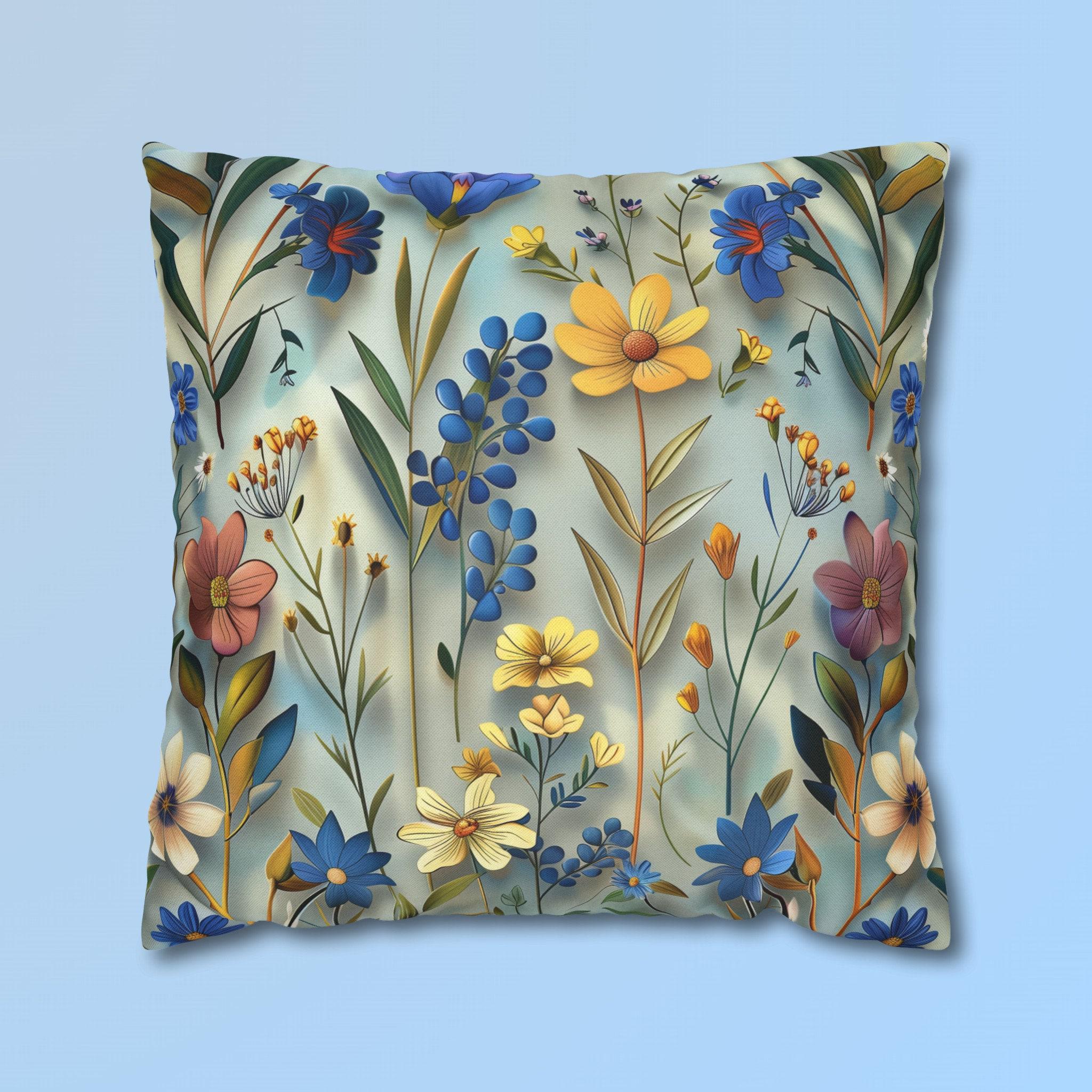 Floral Garden Pillow Cover: Rich Blue Yellow Pink Flowers