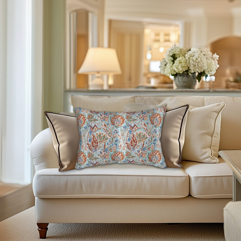Ottoman Garden Lumbar Pillow: Iznik-Style Tulips, Aqua Ground, Global Sophistication