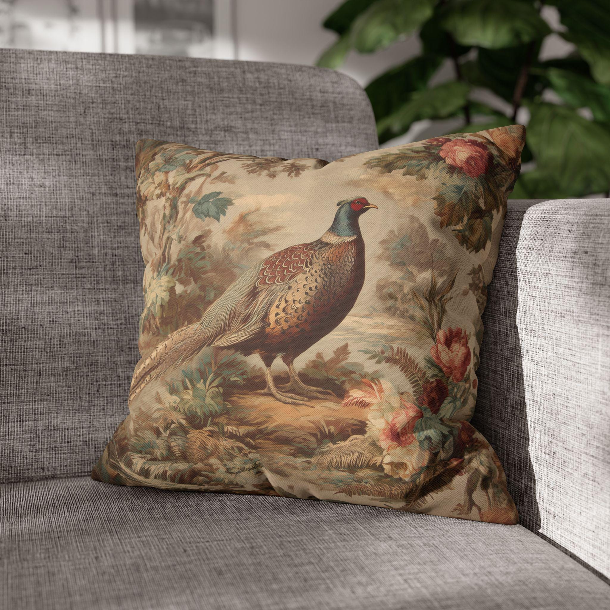 French Country Pheasant Throw Pillow Cover: Vintage Style Toile Bird Design