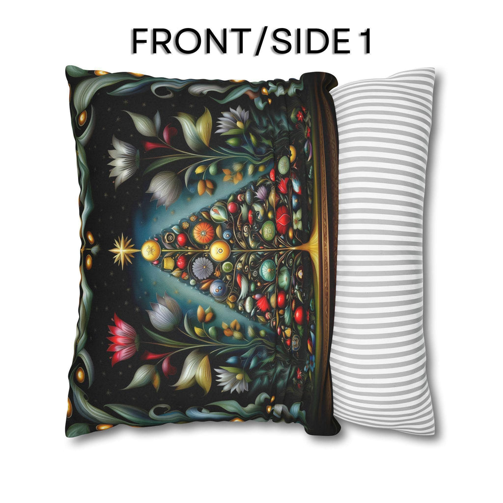 Jewel Tone Christmas Pillow Cover: Decorated Botanical Tree with Bright Ornaments and Florals