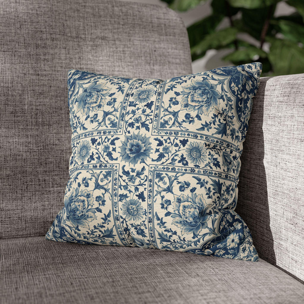 Toile Pillow Cover: Blue and Cream Botanical Farmhouse Decor