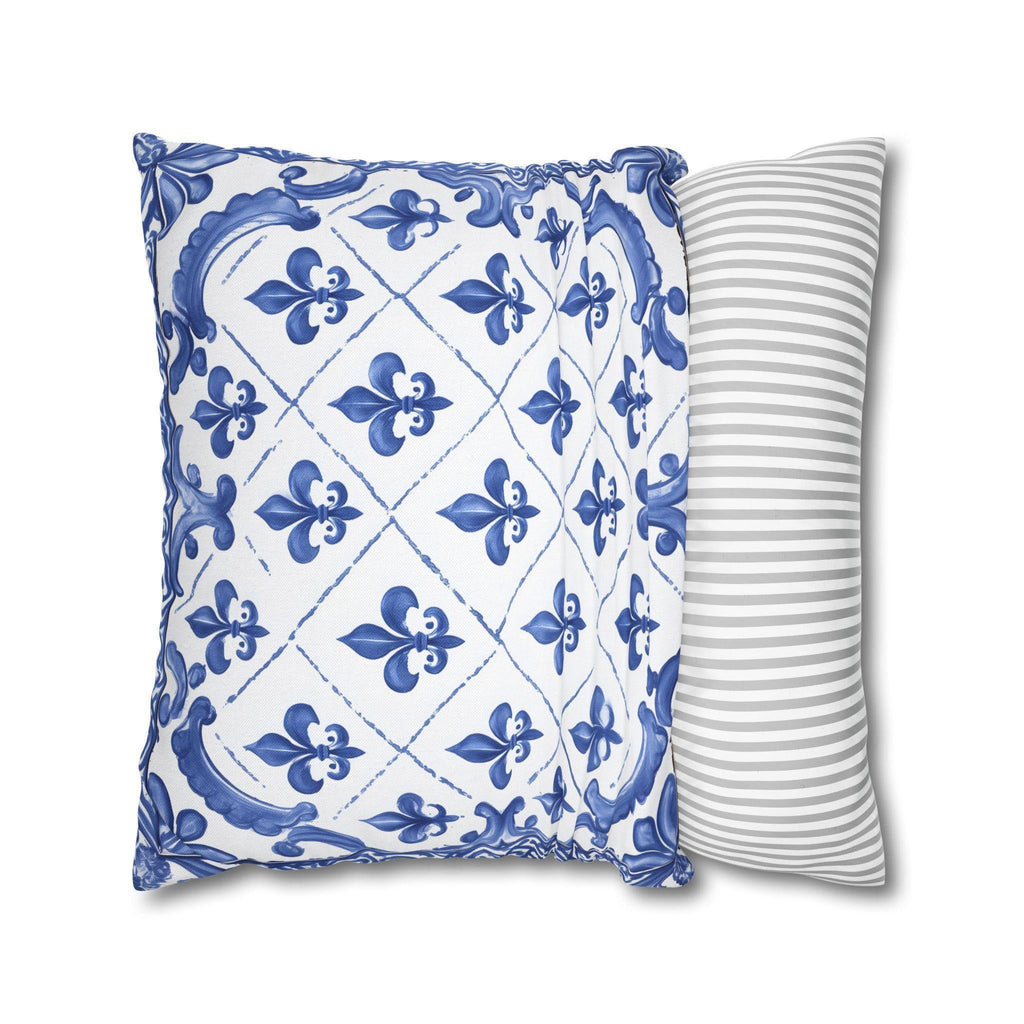 Fleur de Lis Pillow Cover: Blue & White French Tile Design