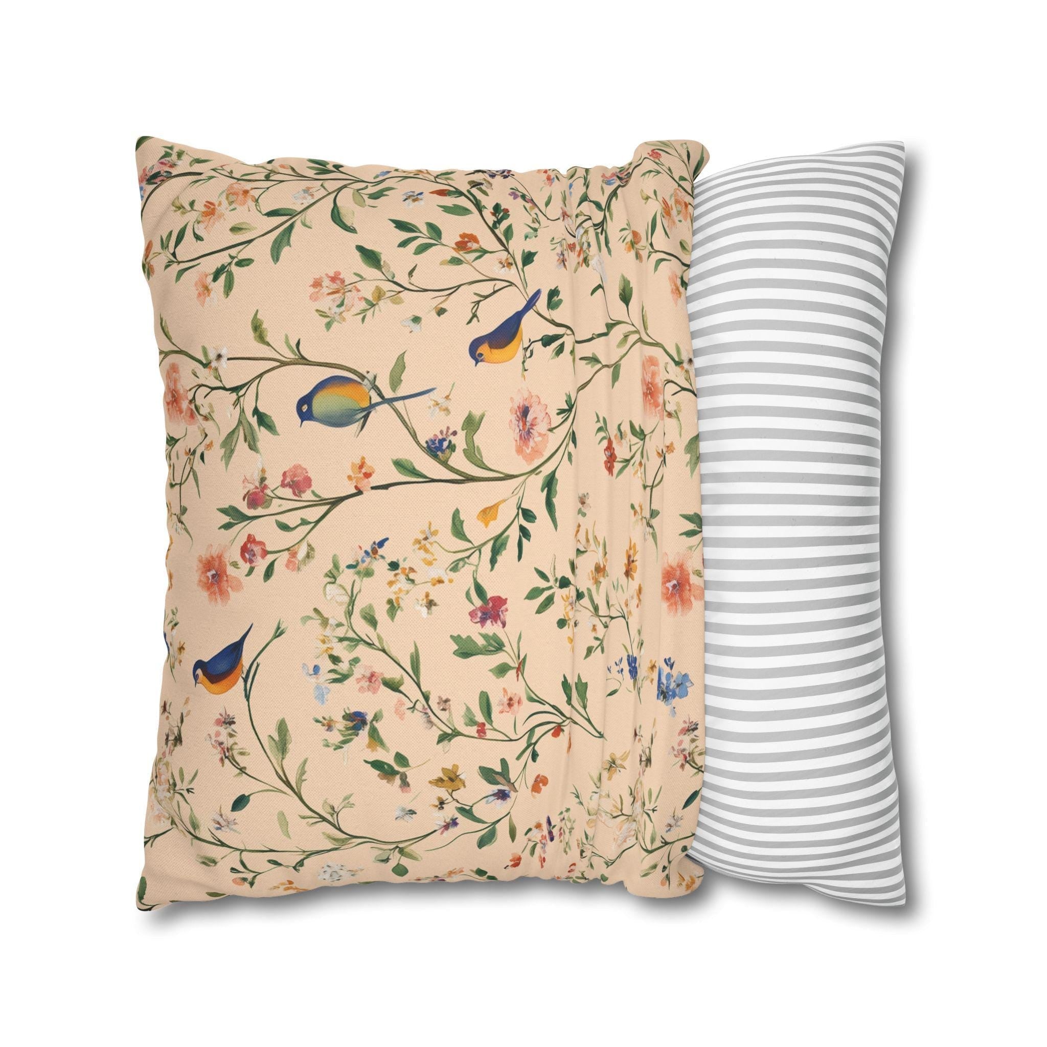 Chinoiserie Bird Pillow Cover: Vintage Style Peach Floral Cushion