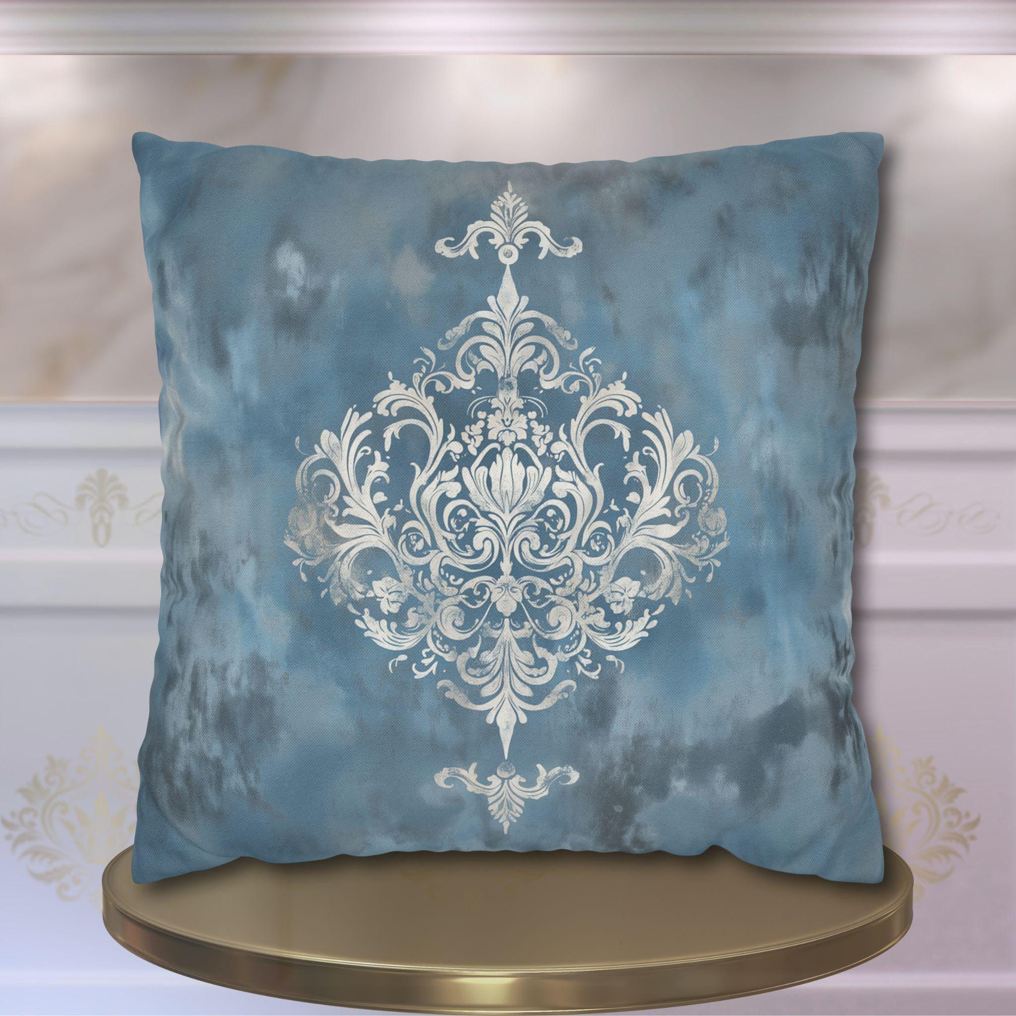 Silvery White Damask Pillow Cover: Blue-Gray Vintage Accent