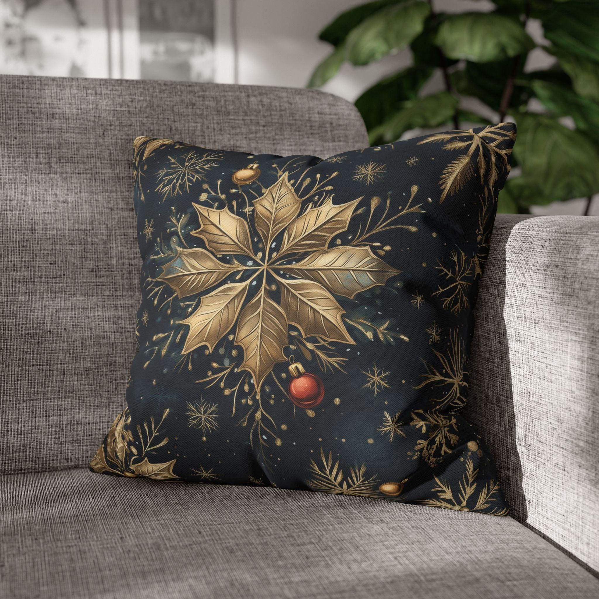 Elegant Poinsettia and Snowflake Pillow Cover | Holiday Decor | Gold Accents on a  Navy Blue Background