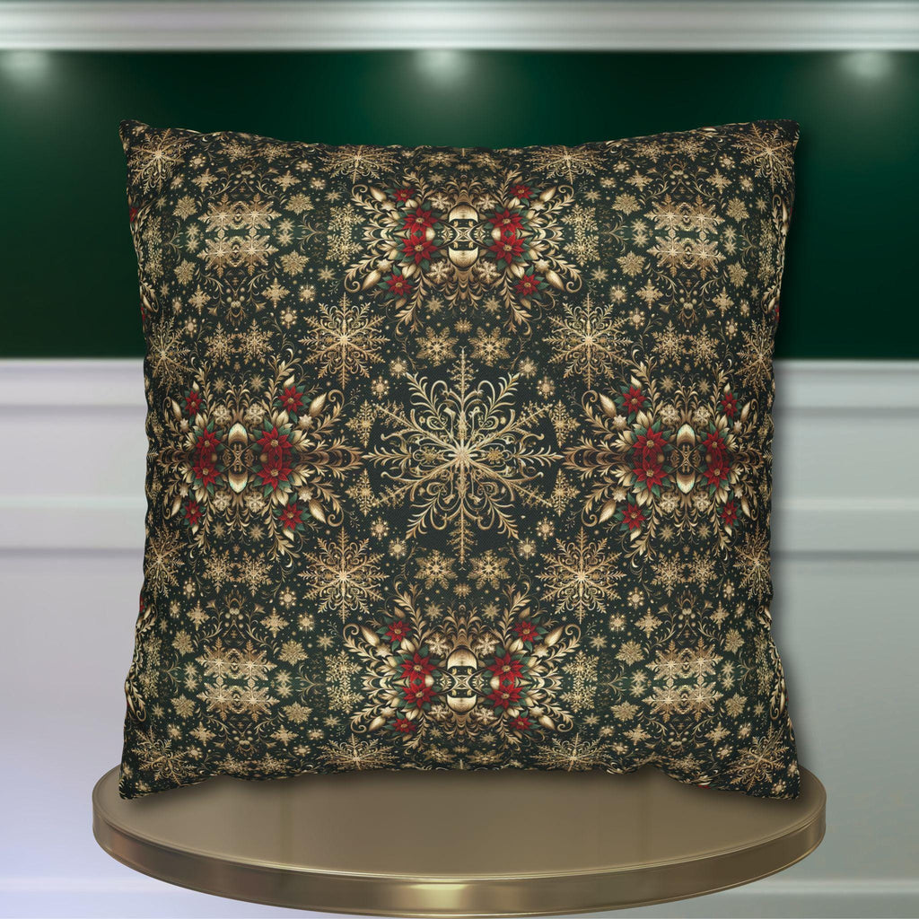 Elegant Gold Snowflake Poinsettia Square Pillow Cover: Holiday Tapestry Pattern for Christmas Home Decor