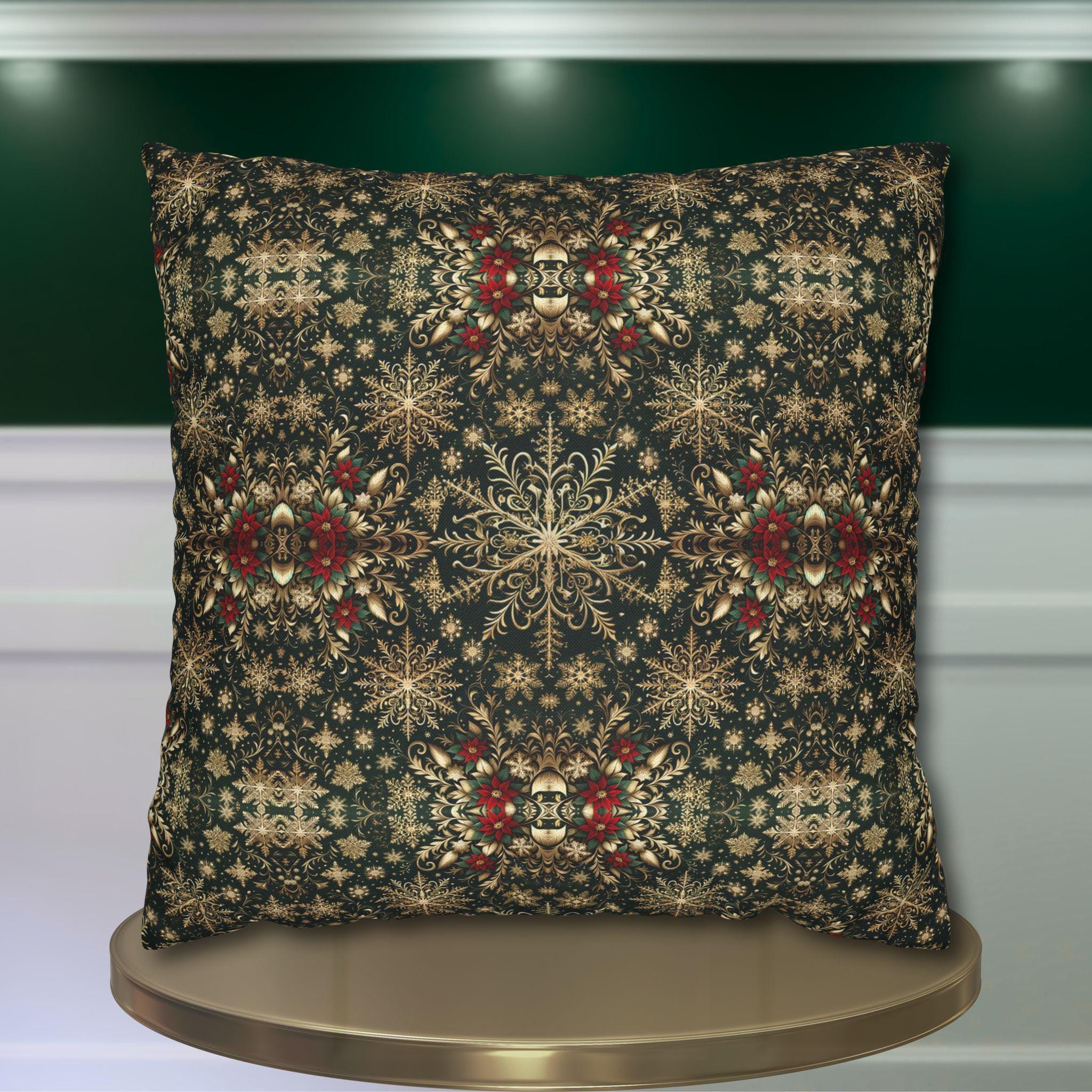 Elegant Gold Snowflake Poinsettia Square Pillow Cover: Holiday Tapestry Pattern for Christmas Home Decor