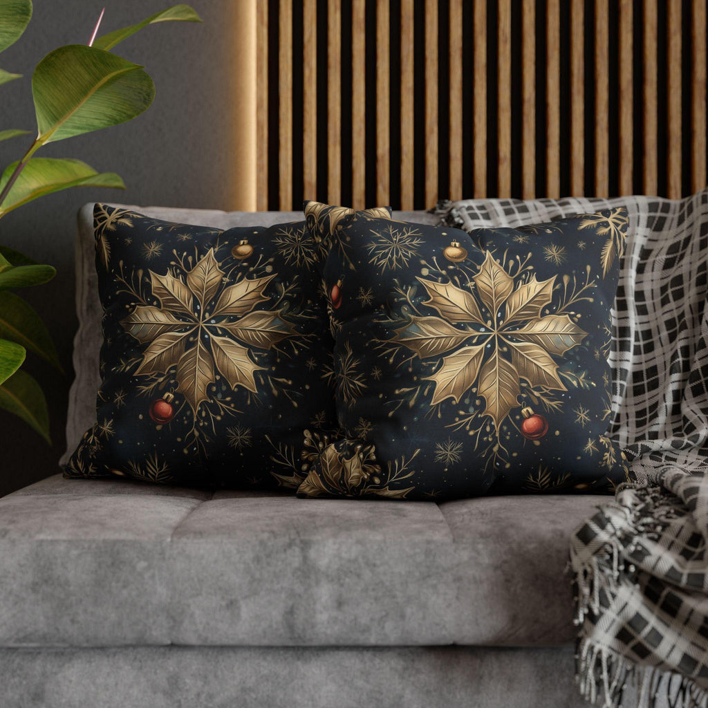 Elegant Poinsettia and Snowflake Pillow Cover | Holiday Decor | Gold Accents on a  Navy Blue Background
