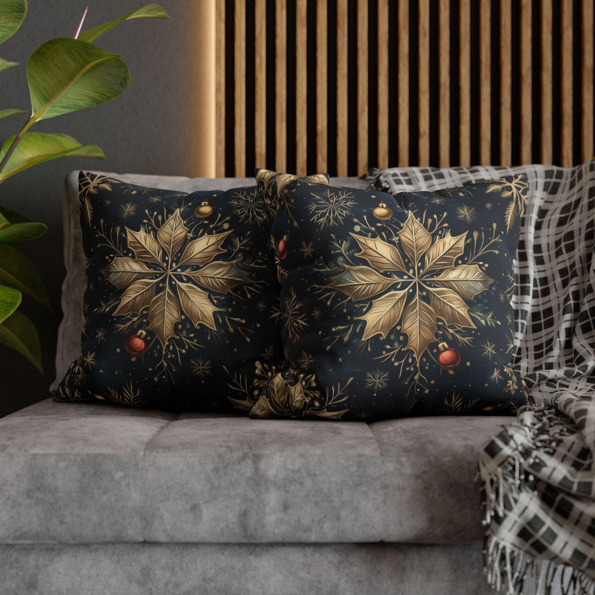 Elegant Poinsettia and Snowflake Pillow Cover | Holiday Decor | Gold Accents on a  Navy Blue Background
