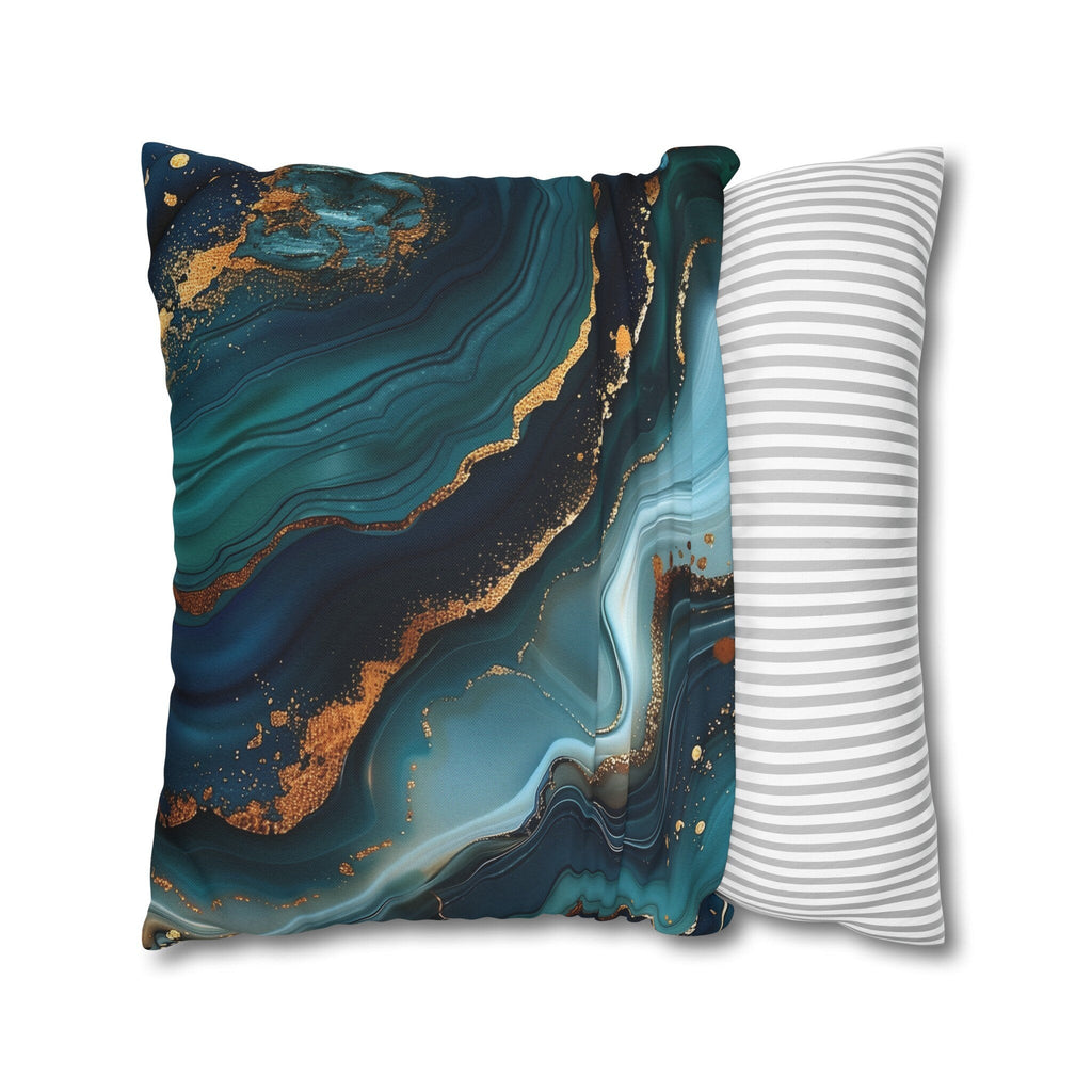 Ocean Waves Pillow Cover: Teal Navy & Gold Accent Cushion