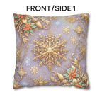 Pastel Christmas Pillow Cover: Gold Snowflake, Lilac Winter Decor, Frosted Poinsettia, Shabby Chic