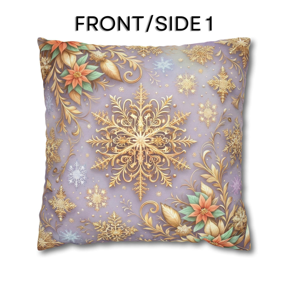 Pastel Christmas Pillow Cover: Gold Snowflake, Lilac Winter Decor, Frosted Poinsettia, Shabby Chic