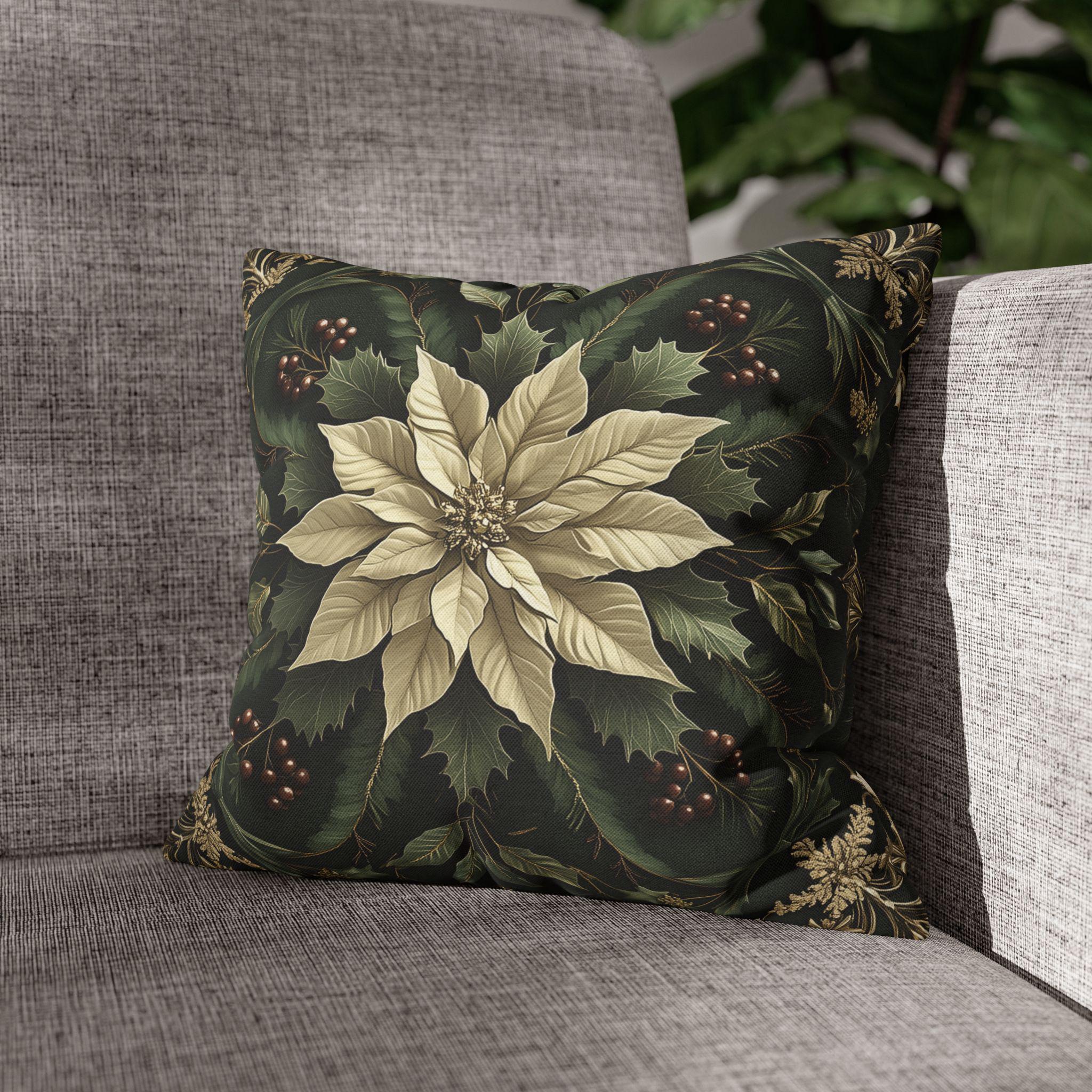 Festive Poinsettia Square Pillow Cover: Elegant Christmas Home Decor for Winter Comfort