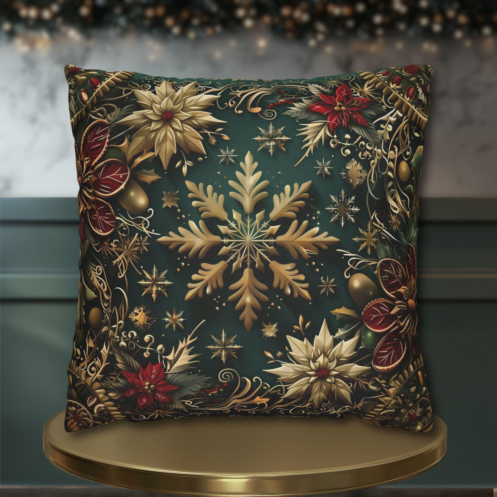 Victorian Snowflake Pillow Cover: Gold & Green with Red Poinsettias for Holiday Decor