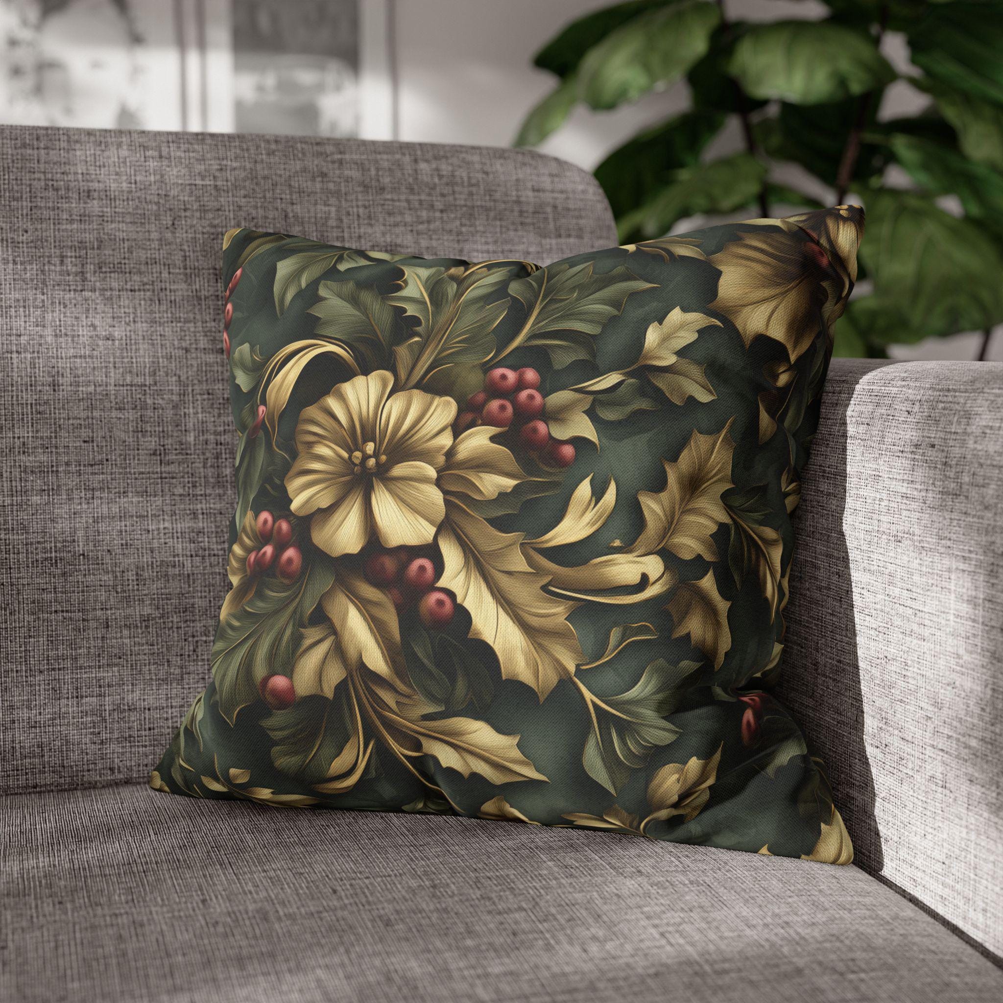 William Morris Inspired Holly & Berries Pillow Cover: Evergreen, Antique Gold, Cranberry