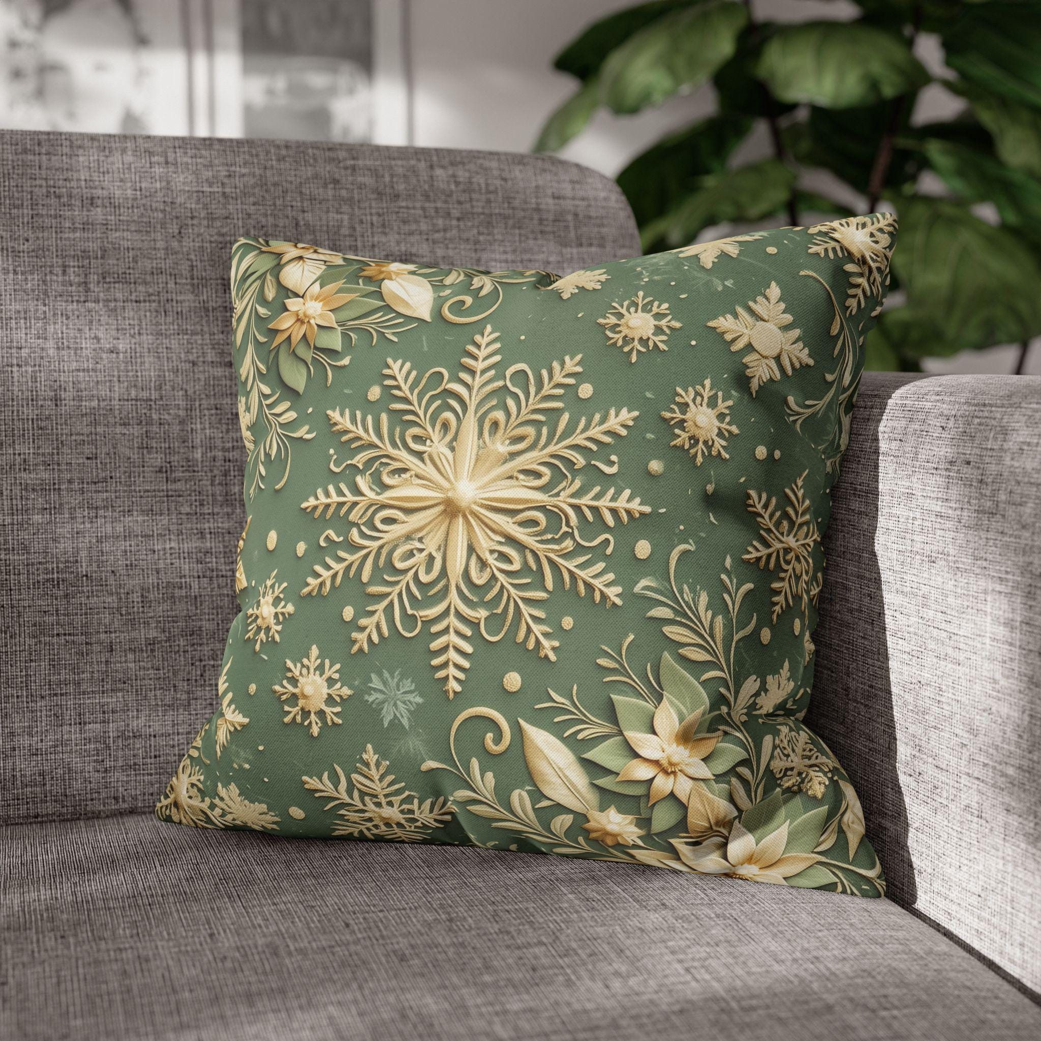Snowflake Minty Green Square Pillowcase, Elegant Gold and Green Throw Pillow Cover