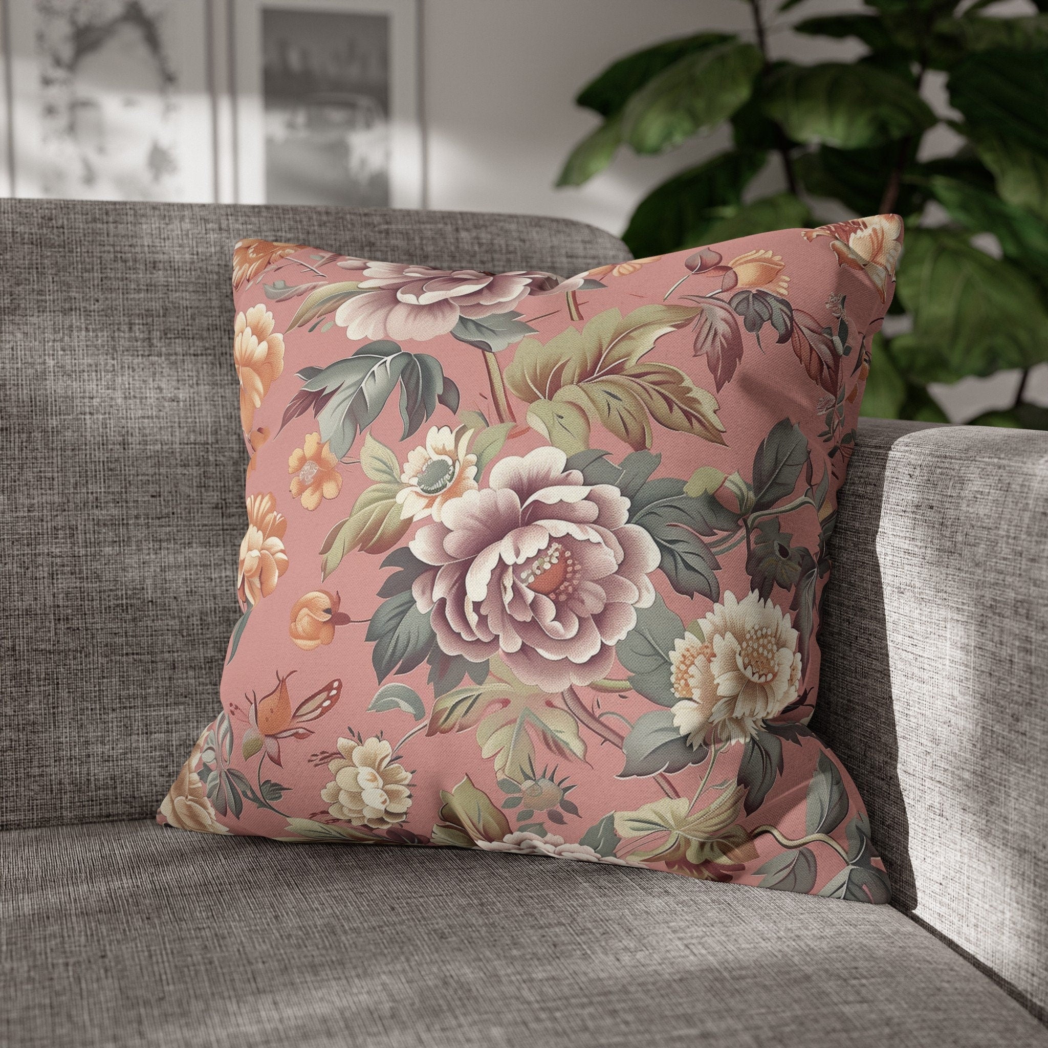 Rococo-Inspired Floral Pillow Cover: Dusty Pink Elegance with Mauve, Cream, Peach & Green Blooms