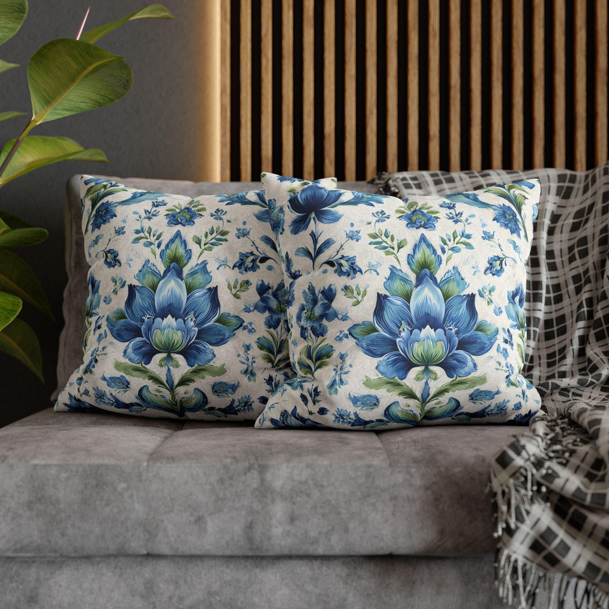 Jacobean Floral Pillow Cover: Blue-Green Botanical Cushion Cover with Modern Traditional Fusion Design