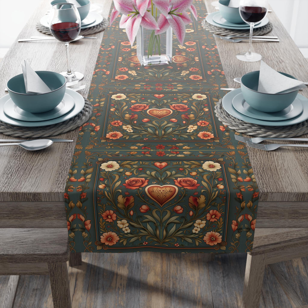 William Morris Inspired Hearts & Flowers Table Runner: Romantic Botanical Valentine's Day Decor