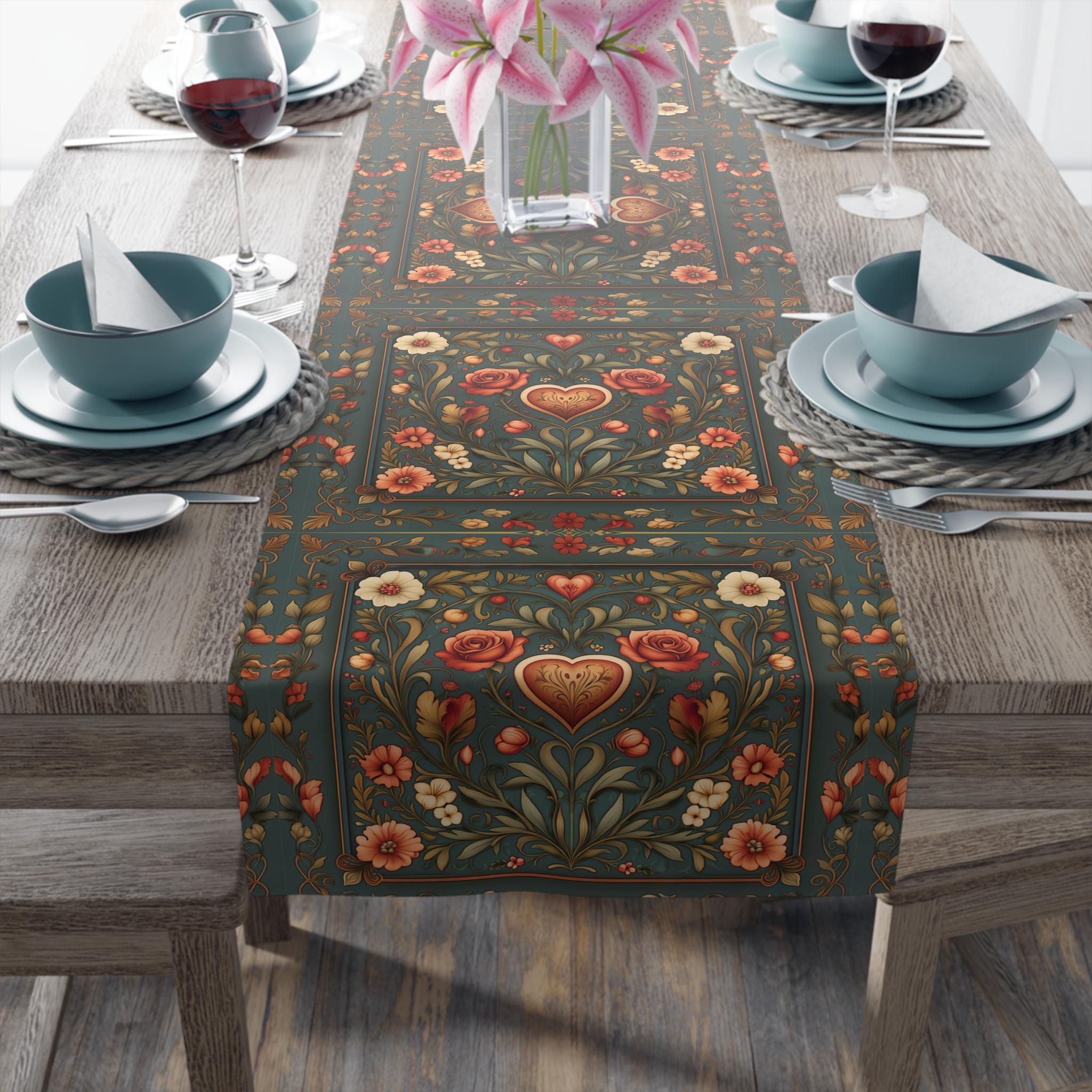 William Morris Inspired Hearts & Flowers Table Runner: Romantic Botanical Valentine's Day Decor