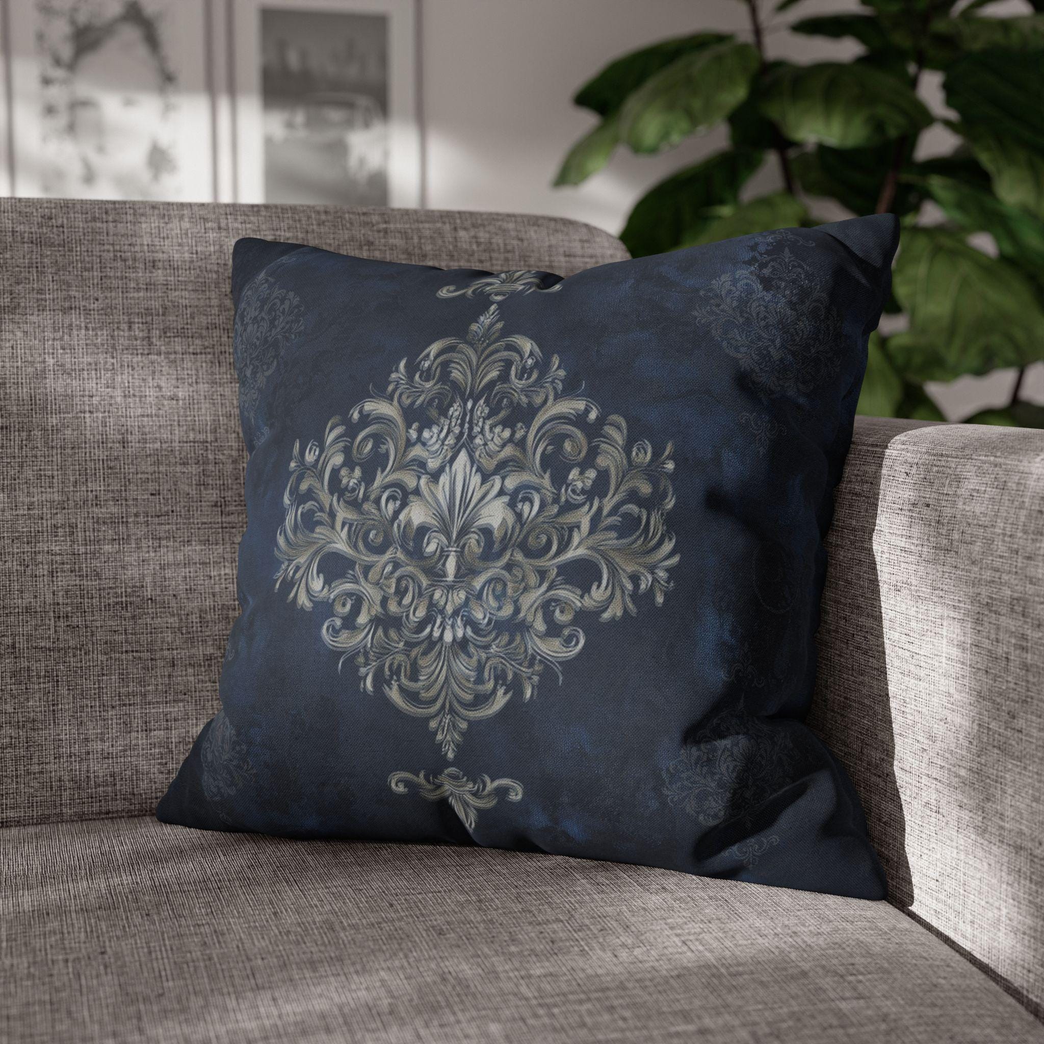 Elegant Navy Blue Damask Pillow Cover with Antique Gold Scroll Pattern - Baroque Accent Cushion