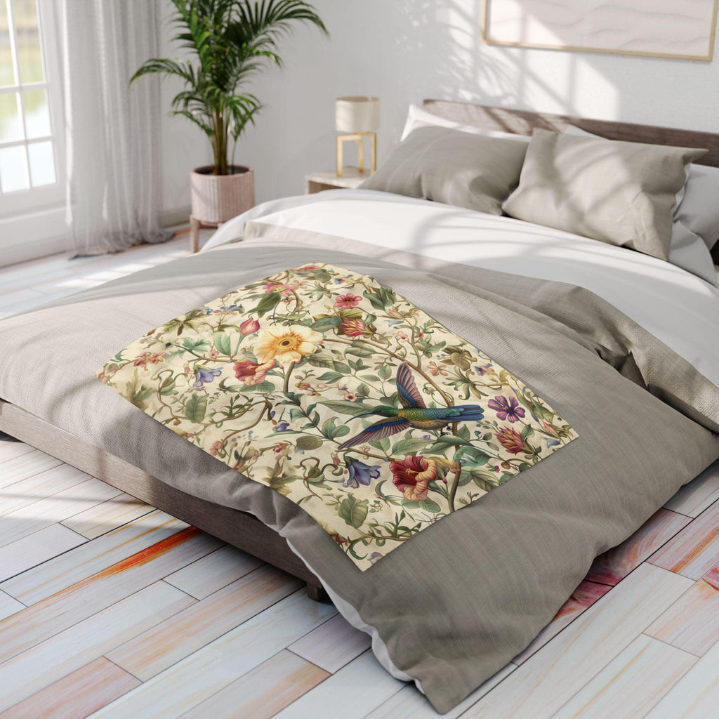William Morris Inspired Hummingbird Fleece Throw Blanket with Elegant Floral Design