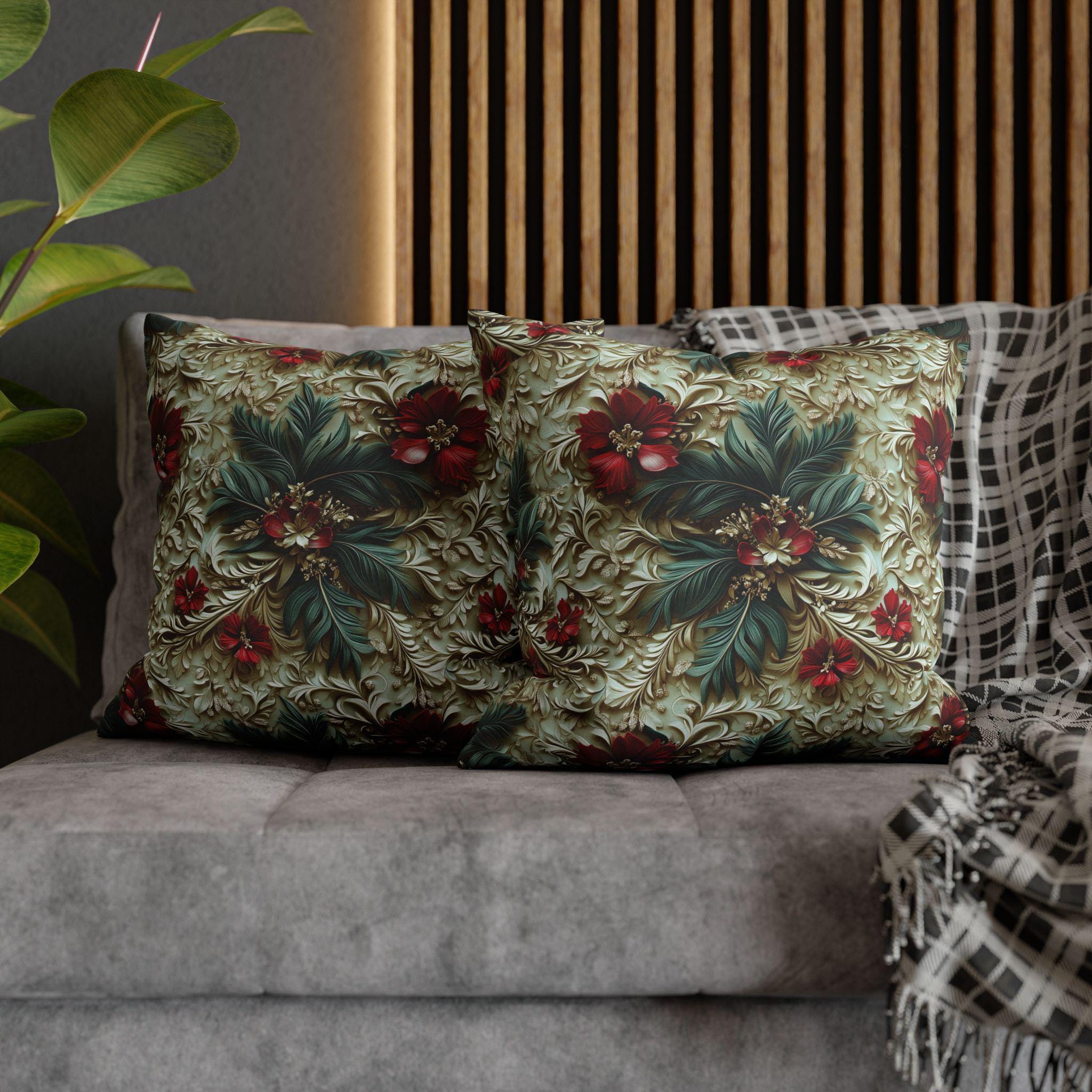 Elegant Christmas Poinsettia Pillowcase: Luxurious Floral Holiday Decor with Beige Background