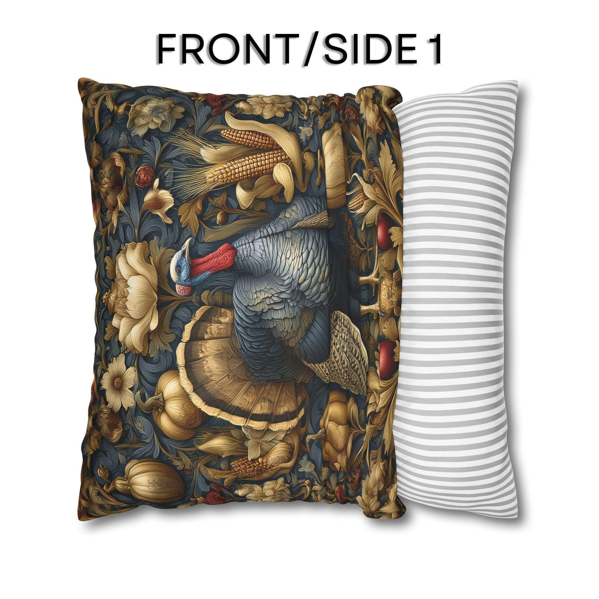William Morris Autumn Pillow Cover: Botanical Thanksgiving Turkey Decor, Grey-Blue and Gold