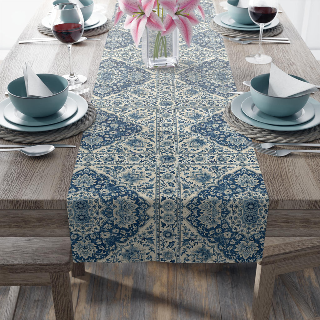 Toile Table Runner: Blue and Cream Botanical Dining Decor