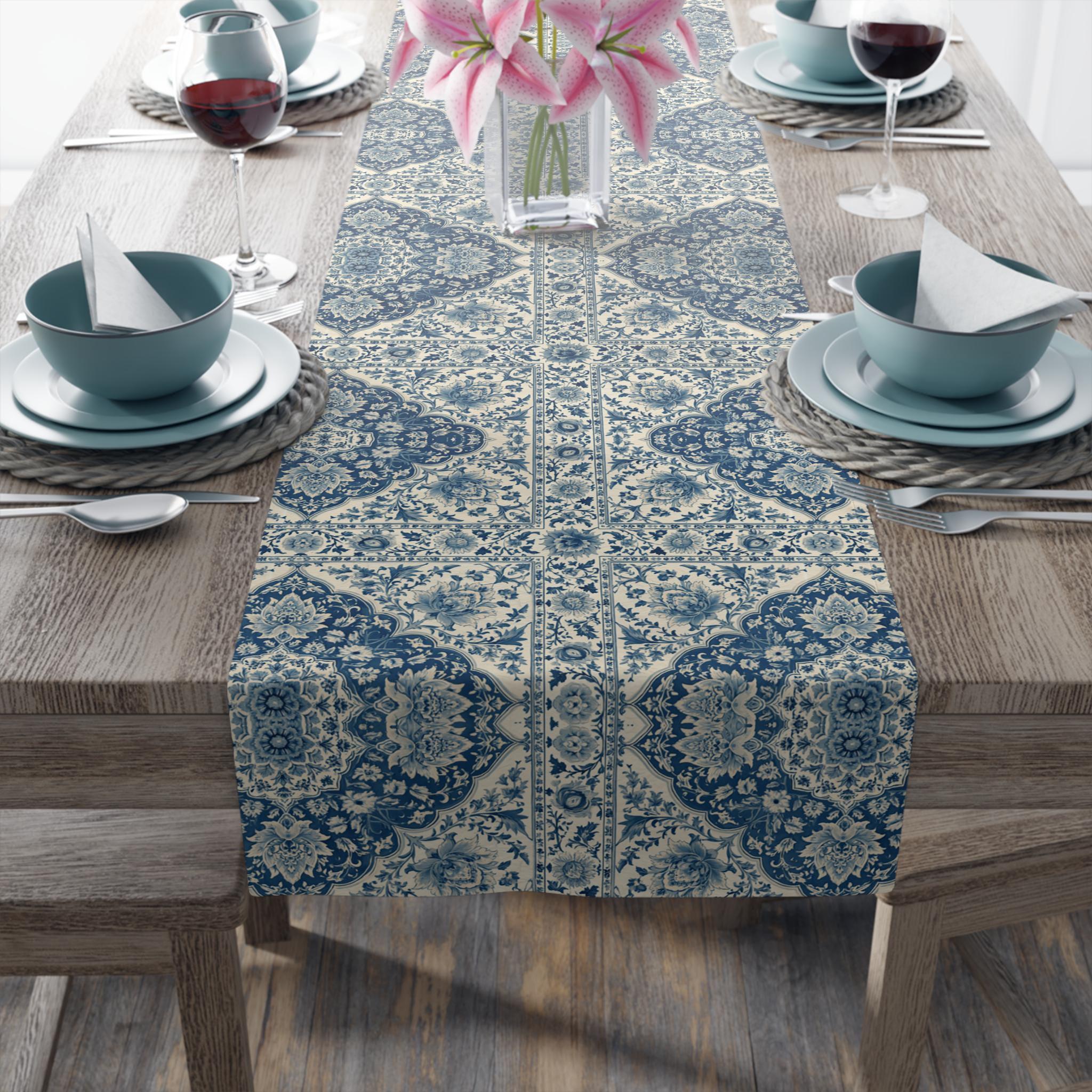 Toile Table Runner: Blue and Cream Botanical Dining Decor