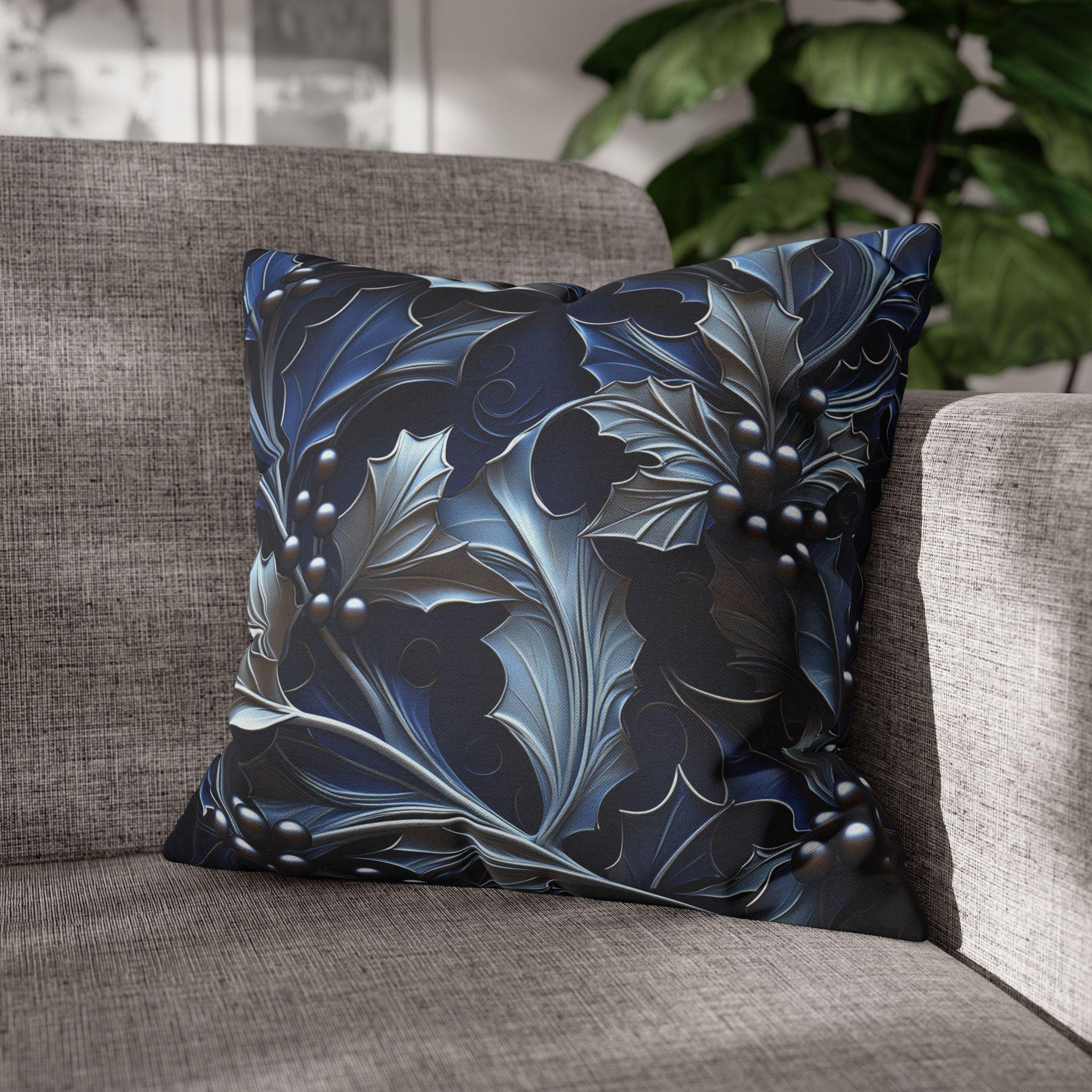 Elegant Silver & Blue Holly Leaf Christmas Pillow Cover - Moody Contemporary Holiday Decor