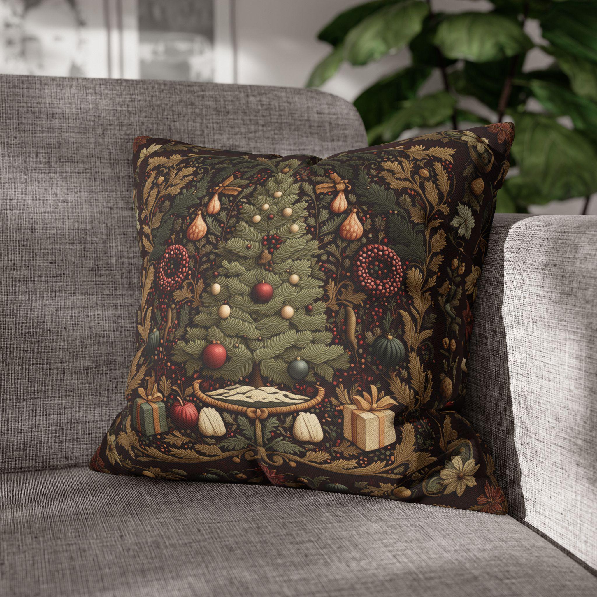William Morris Christmas Tree Pillow Cover: Burgundy Holiday Tapestry Look