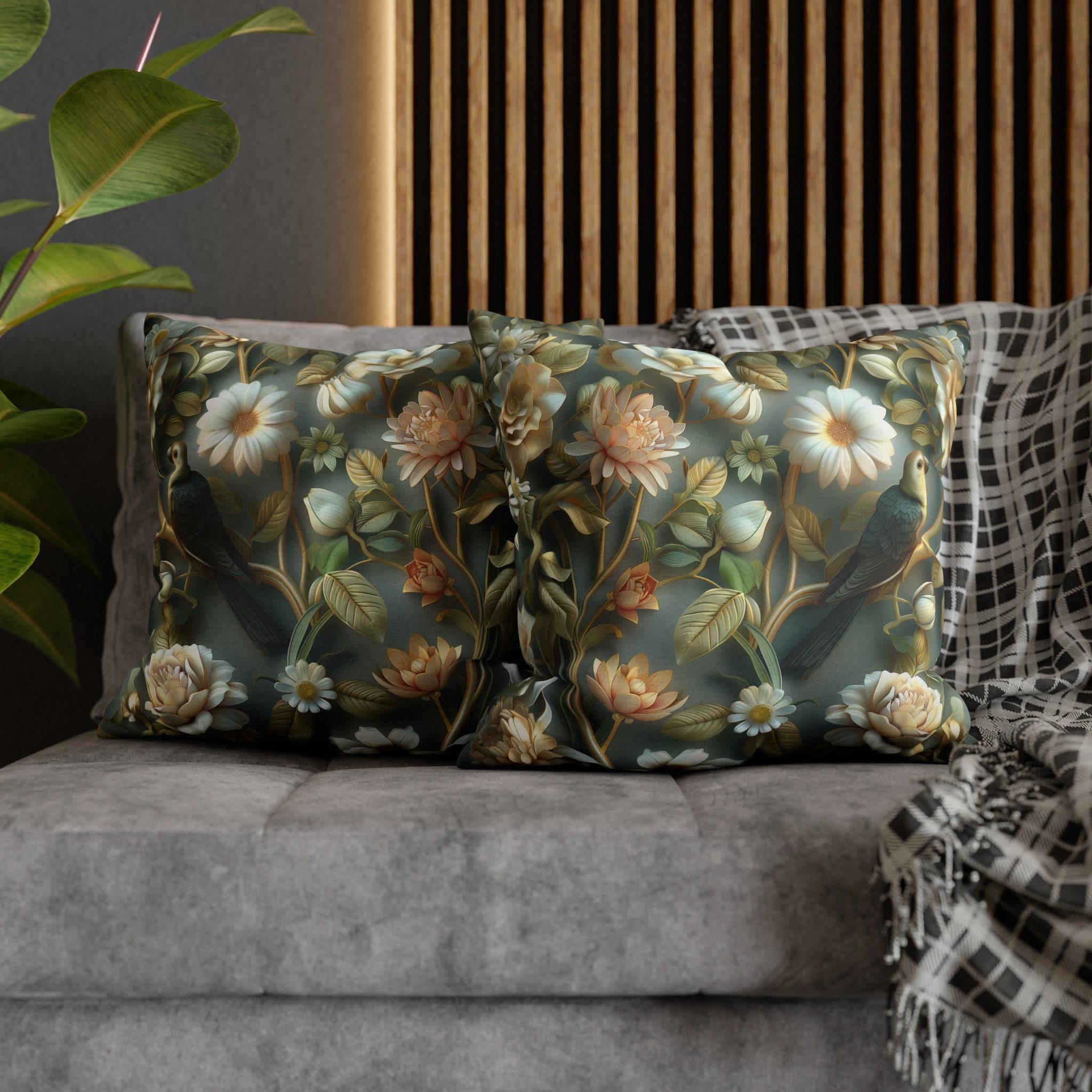William Morris Pillow Cover | Green Conure, Floral Bird Art