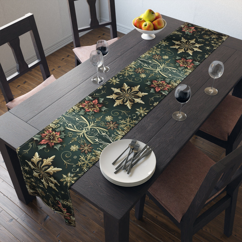 Poinsettia Christmas Table Runner: Emerald, Gold Snowflakes, Holiday Dining