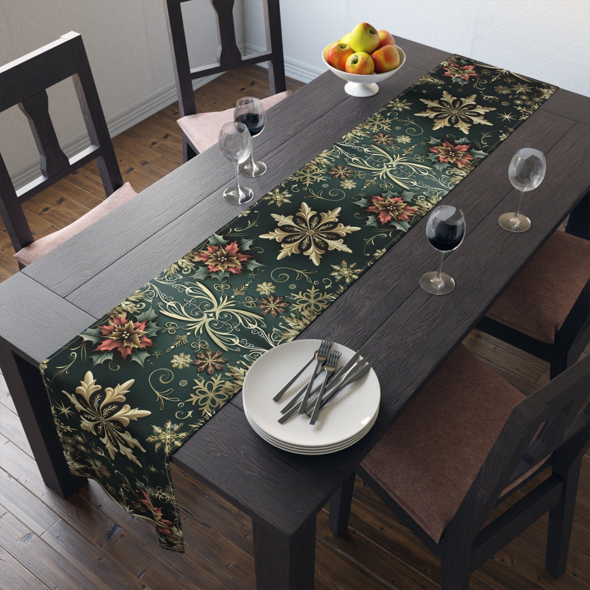 Poinsettia Christmas Table Runner: Emerald, Gold Snowflakes, Holiday Dining
