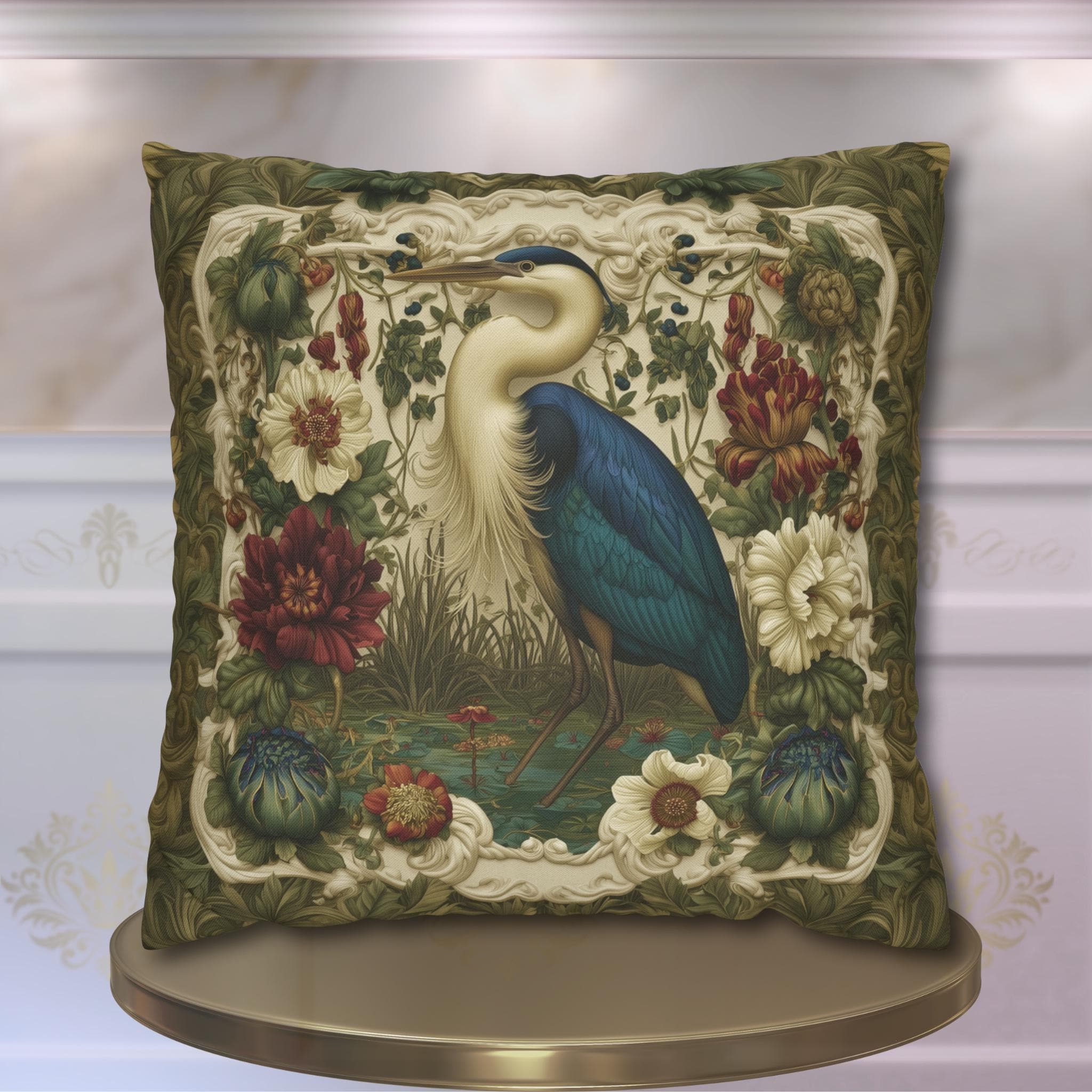 William Morris Style Heron Pillow Cover: Botanical Marsh Floral Art
