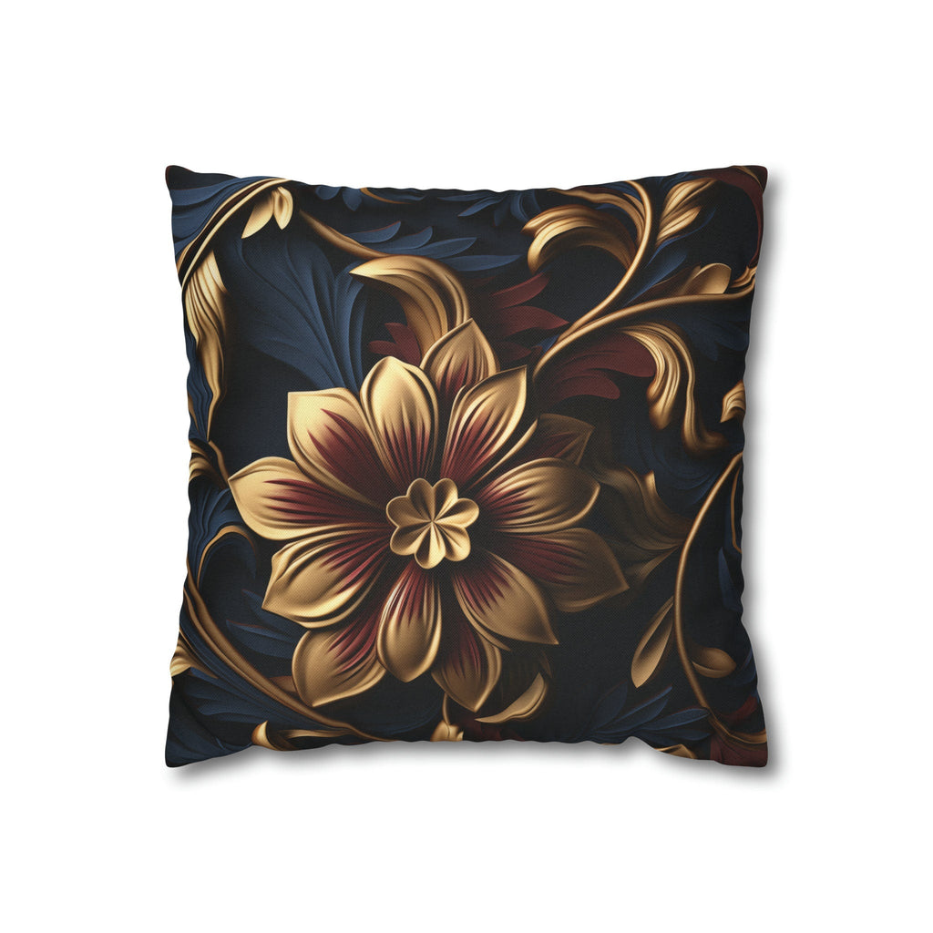 Luxurious Baroque Floral Pillow Cover: Burgundy & Gold on Navy Background, Ornate Design