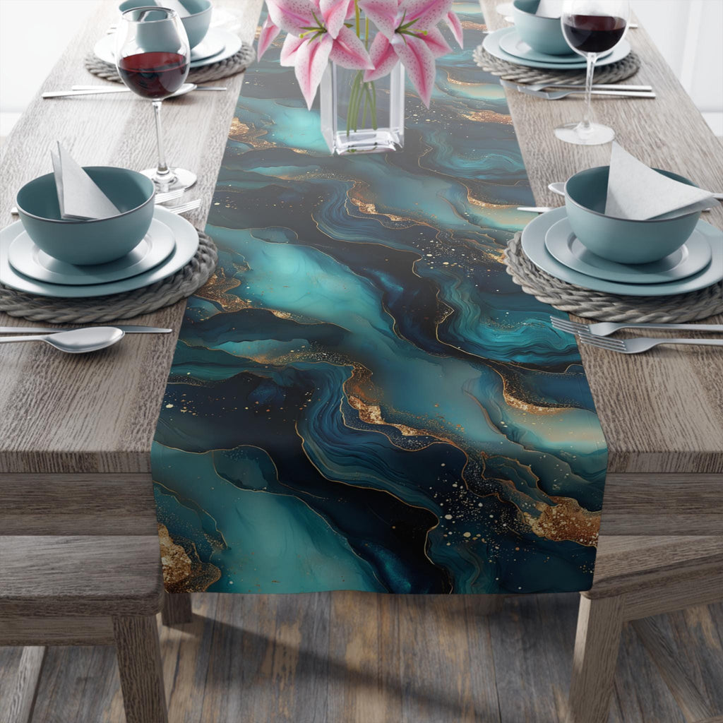 Modern Abstract Ocean Waves Table Runner: Teal, Navy and Gold Coastal Luxe Decor