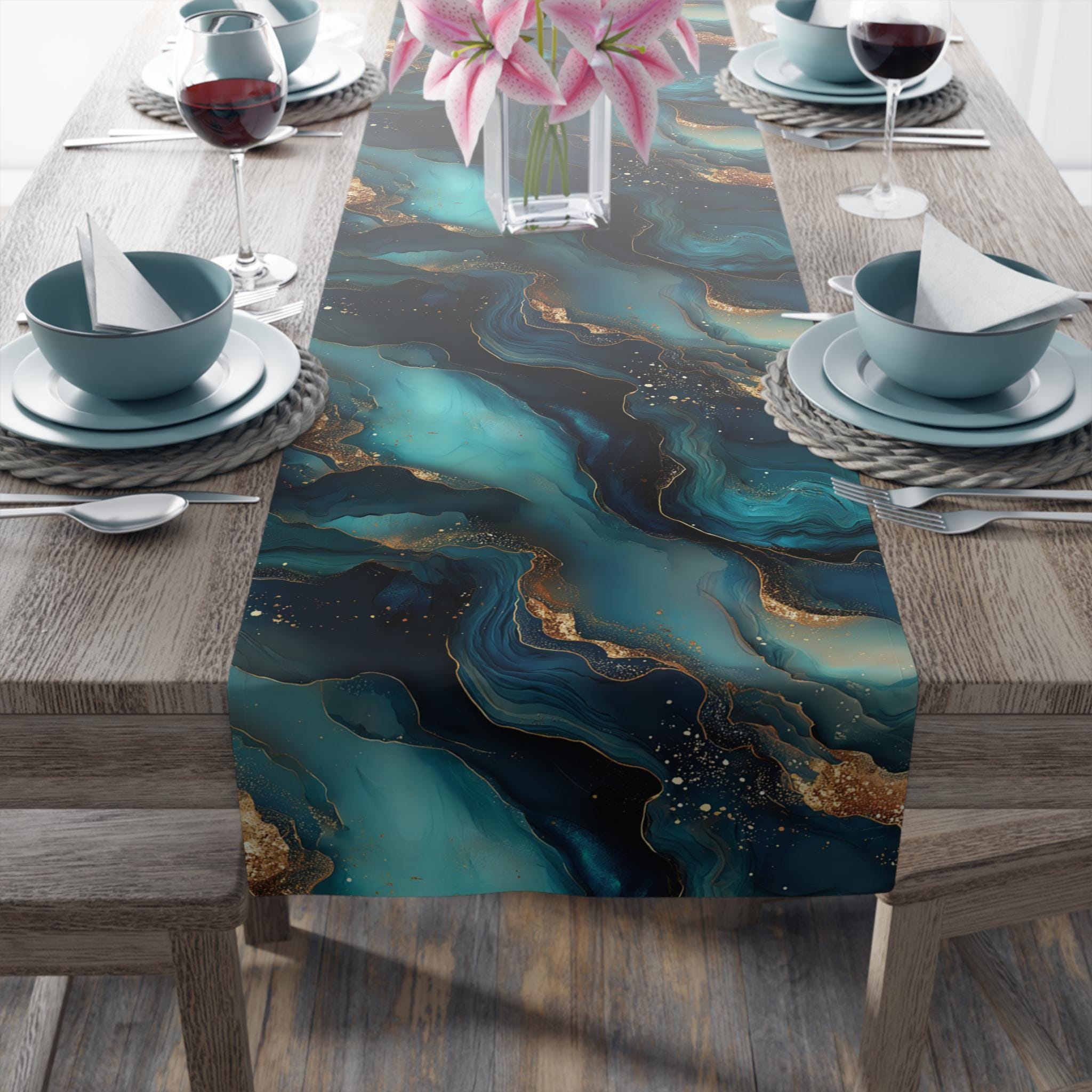 Modern Abstract Ocean Waves Table Runner: Teal, Navy and Gold Coastal Luxe Decor