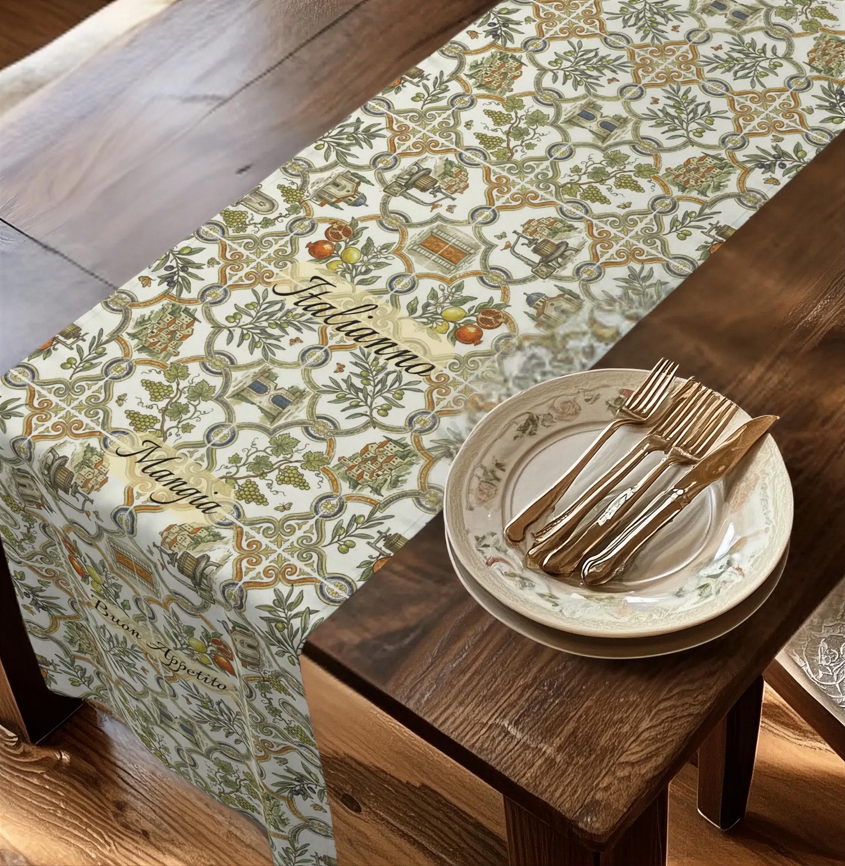 Italian Table Runner, Tuscan Heritage Villa Tile Pattern Dining Decor